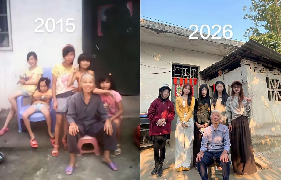 2015到2026，11年光阴，在同一面老墙前，拍了两张一模一样的合影。当