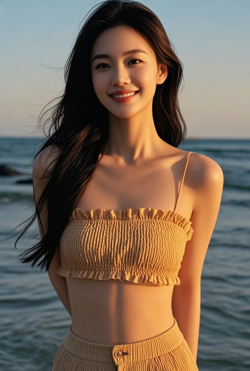 她迎着海风，张开双臂拥抱自由