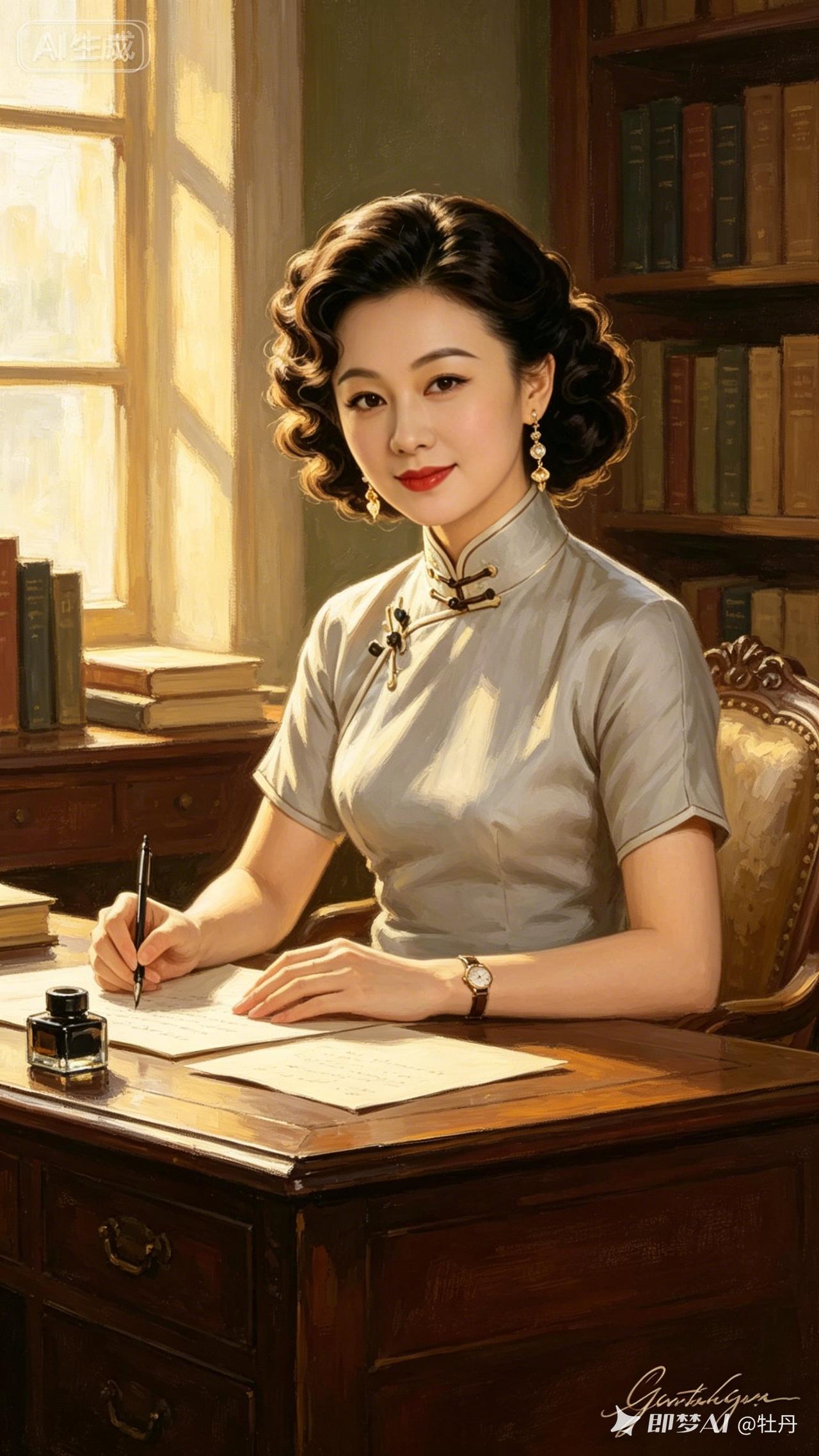 一个优雅女士在书桌前认真写字。