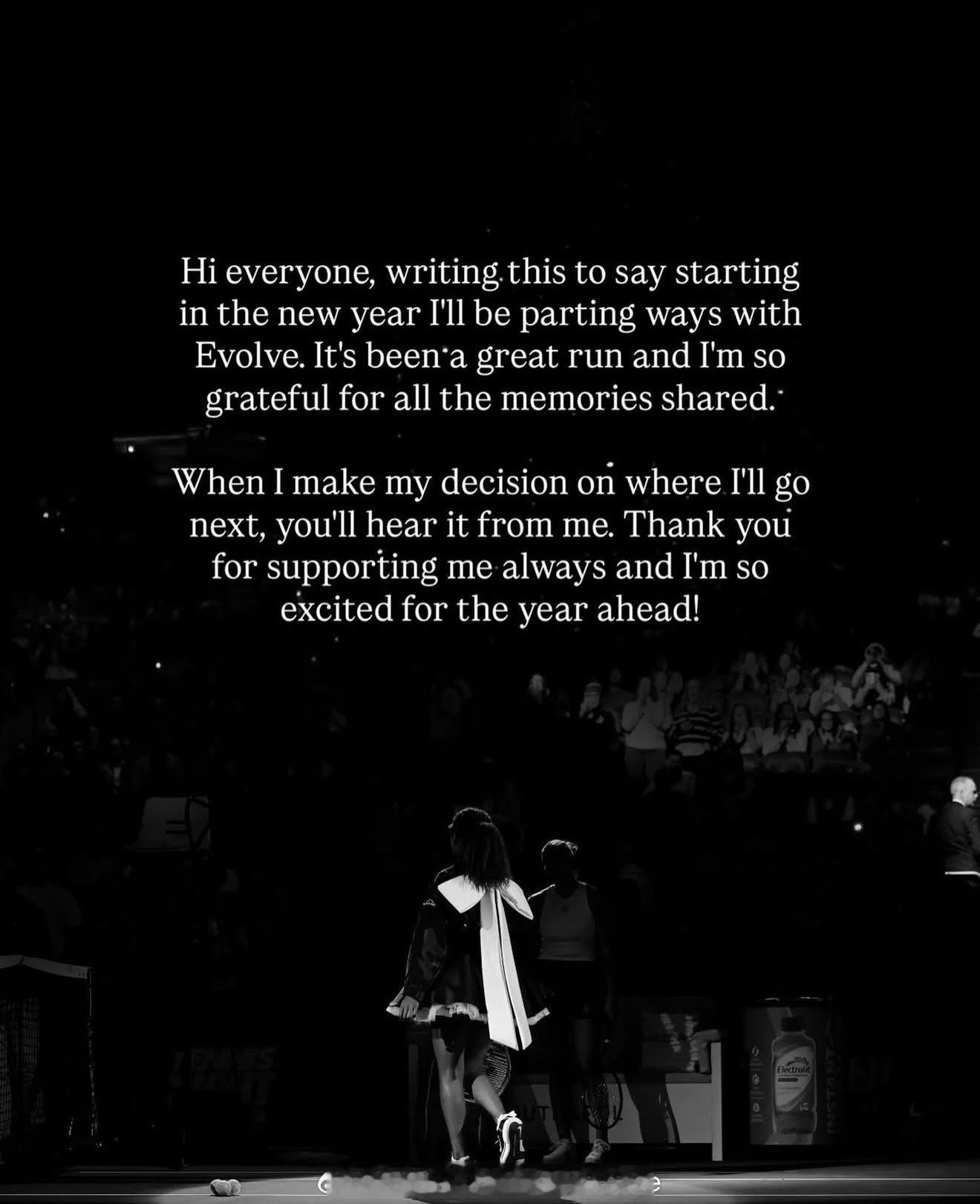 【大坂直美正式与经纪公司分道扬镳】大家好，写这封信是想告诉大家，从新的一年开始，