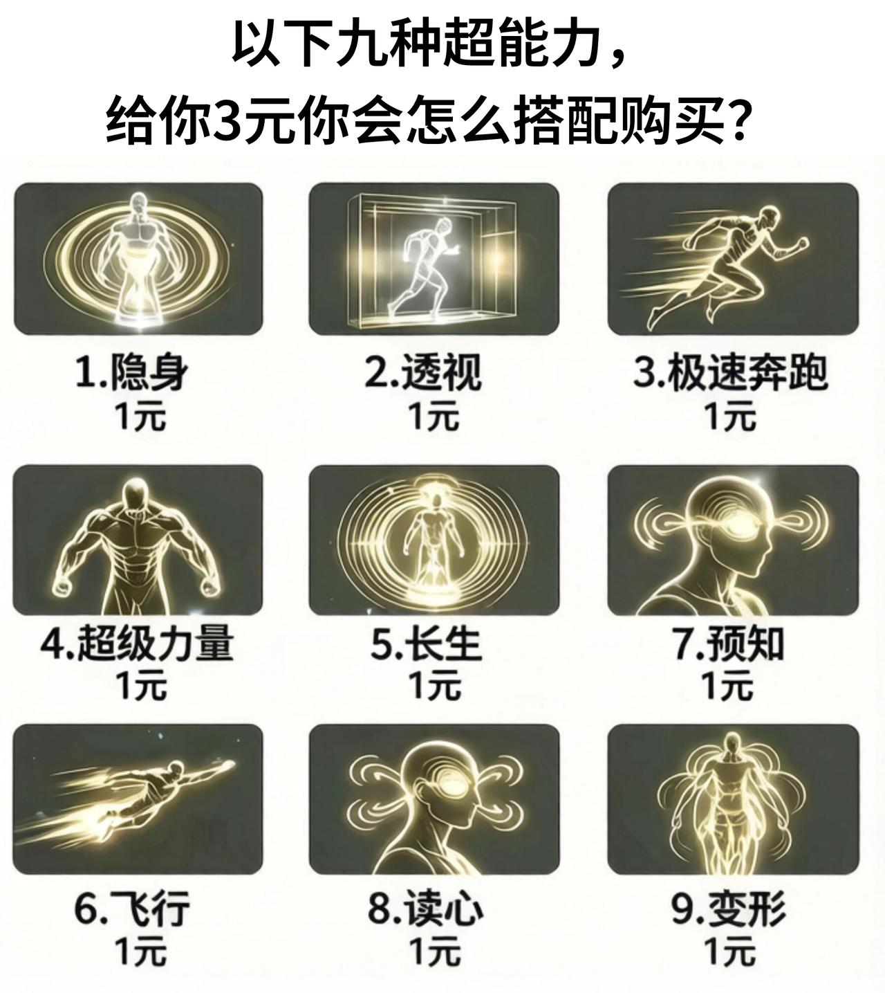 以下九种超能力，给你3元你会怎么搭配购买？