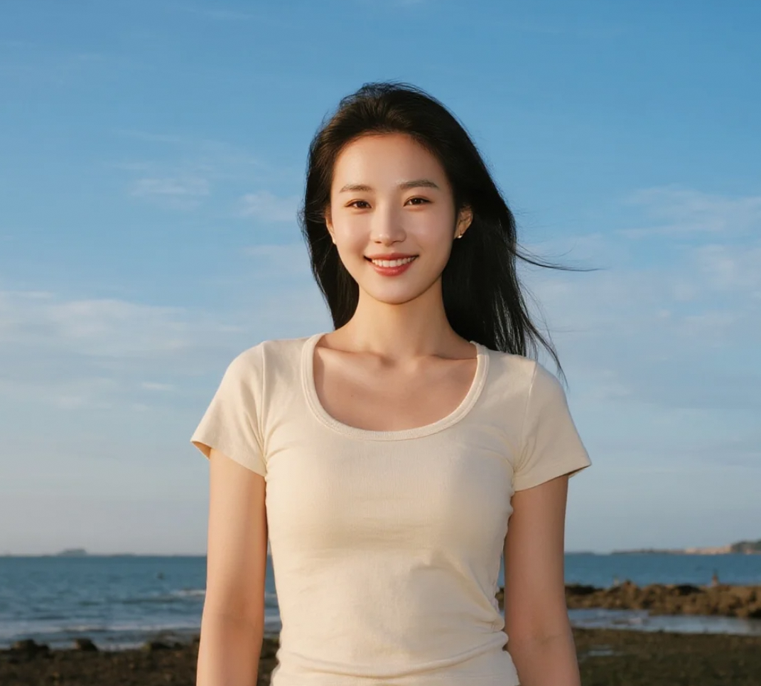白云飘过，她的微笑如海边的晨露般清新