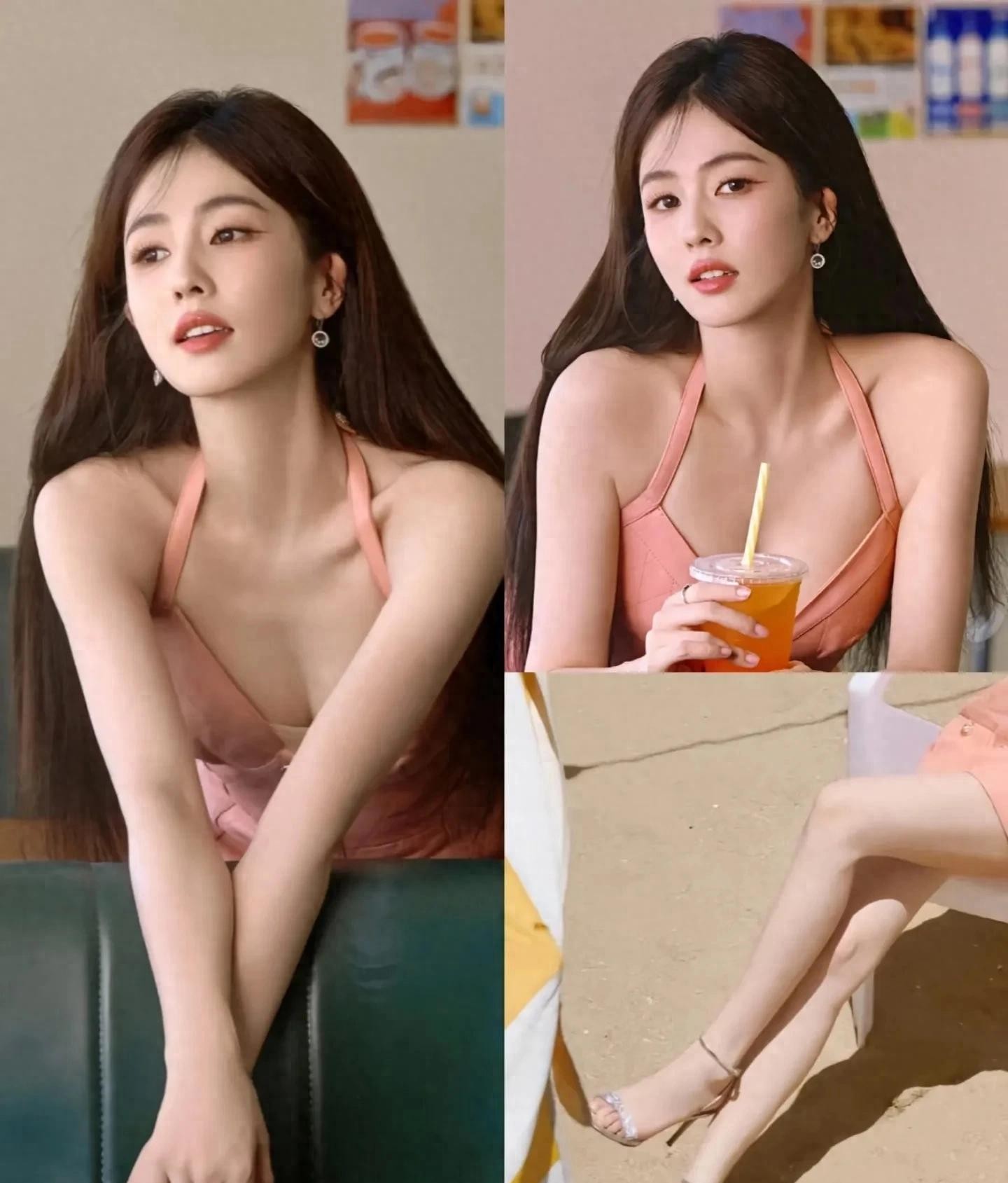 白鹿从头美到脚，这粉色吊带也穿搭太美了，身材非常的有料！