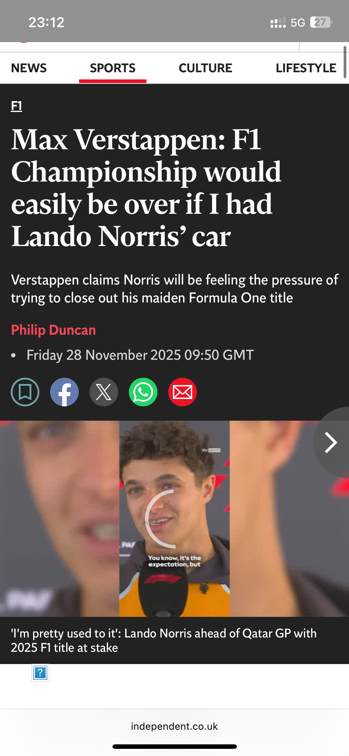 维斯塔潘：如果我开迈凯伦冠军已经到手了。F1卡塔尔站赛前，当媒体问及如果驾驶的是