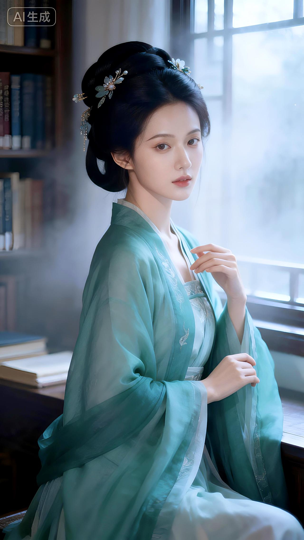 “朦胧窗畔佳人立，典雅汉服映书香”，这画面想想就美。有这么一位汉服佳人，静坐窗前