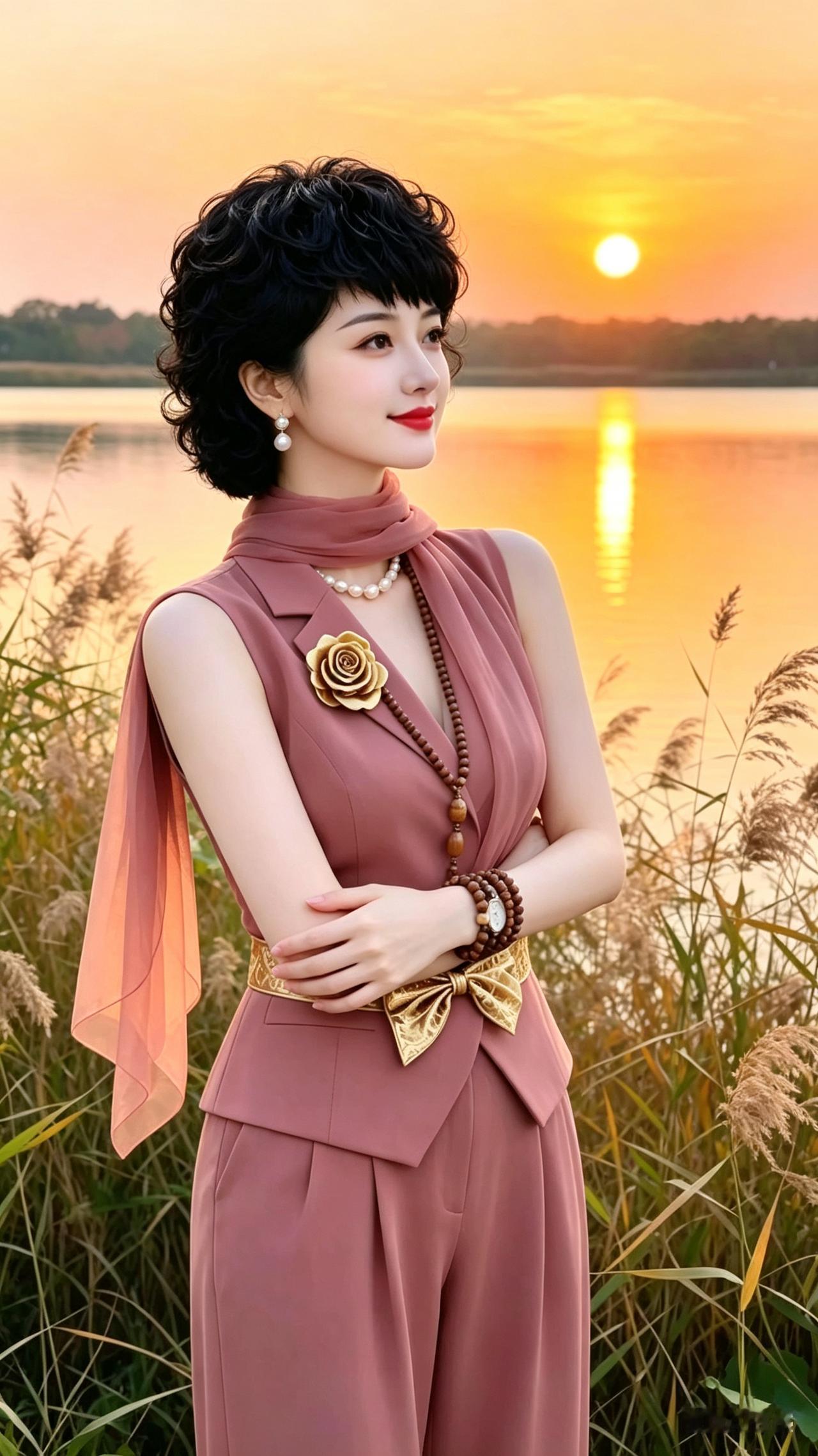 美女留黑色短卷发，五官舒展协调，身穿粉棕色套装，伫立夕阳湖畔。落日柔光笼罩，服装