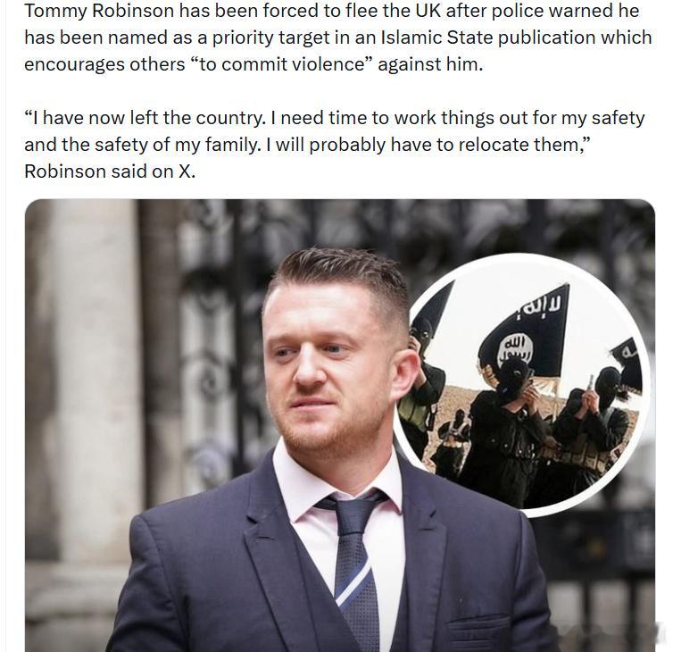 汤米·罗宾逊在收到警方警告后被迫逃离英国，原因他在一份伊斯兰国的出版物中被列为优
