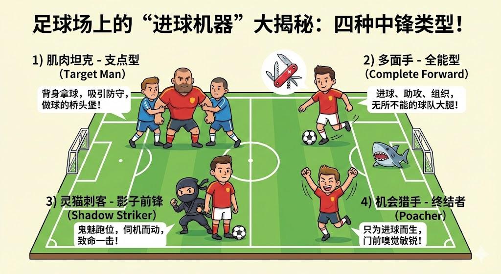 一张图看懂为什么有的中锋不进球也是神？现代足球4大中锋类型全解析！看球这么多年