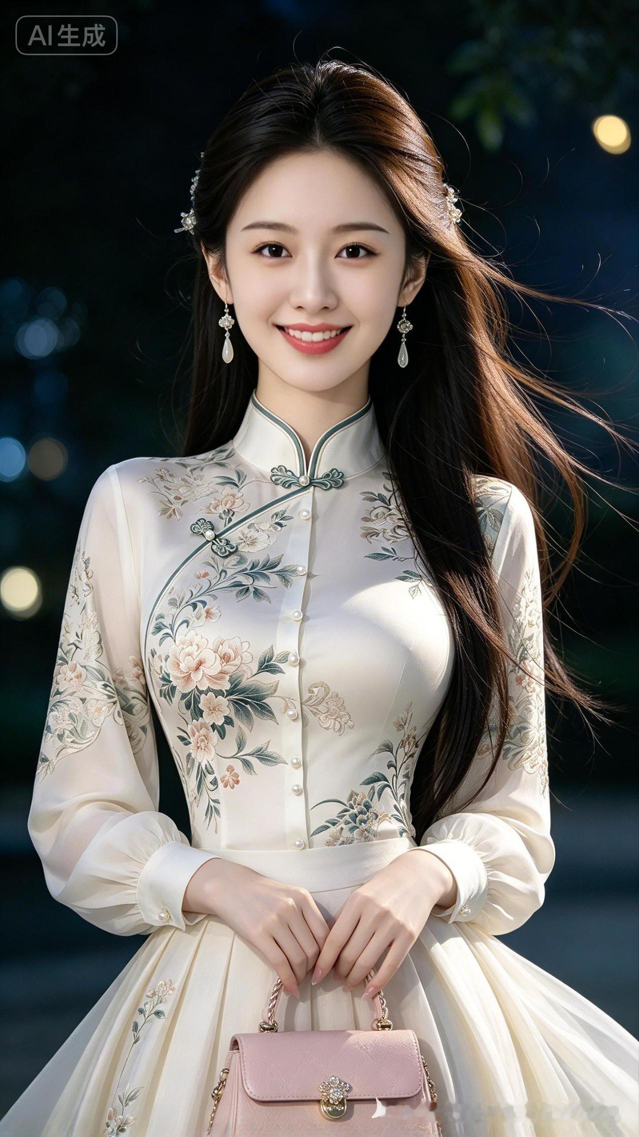 一个穿旗袍的女孩在夜晚微笑。