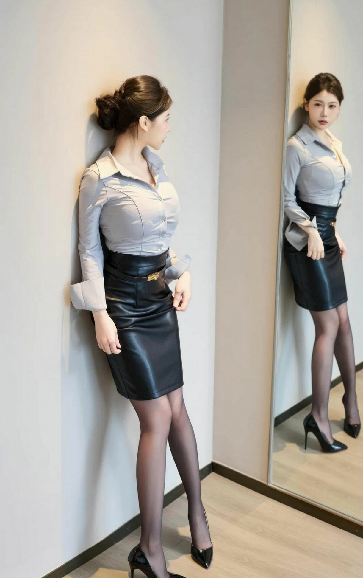 穿浅灰色衬衫搭配黑色包臀半身裙的职业美女