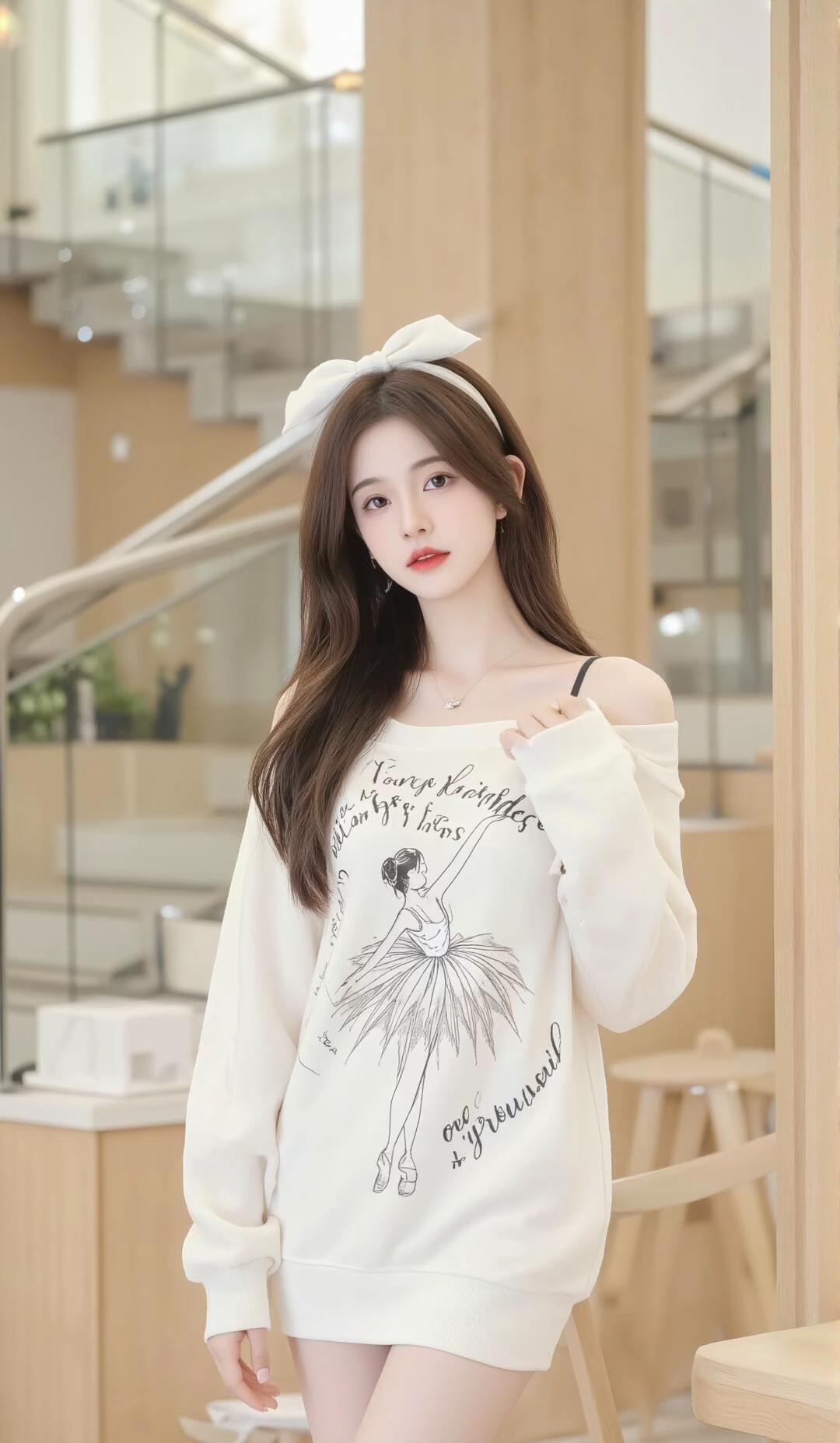 甜美少女风，白色蝴蝶结发带，复古印花卫衣，元气满满！💖👗👠轻软时光里的蝴