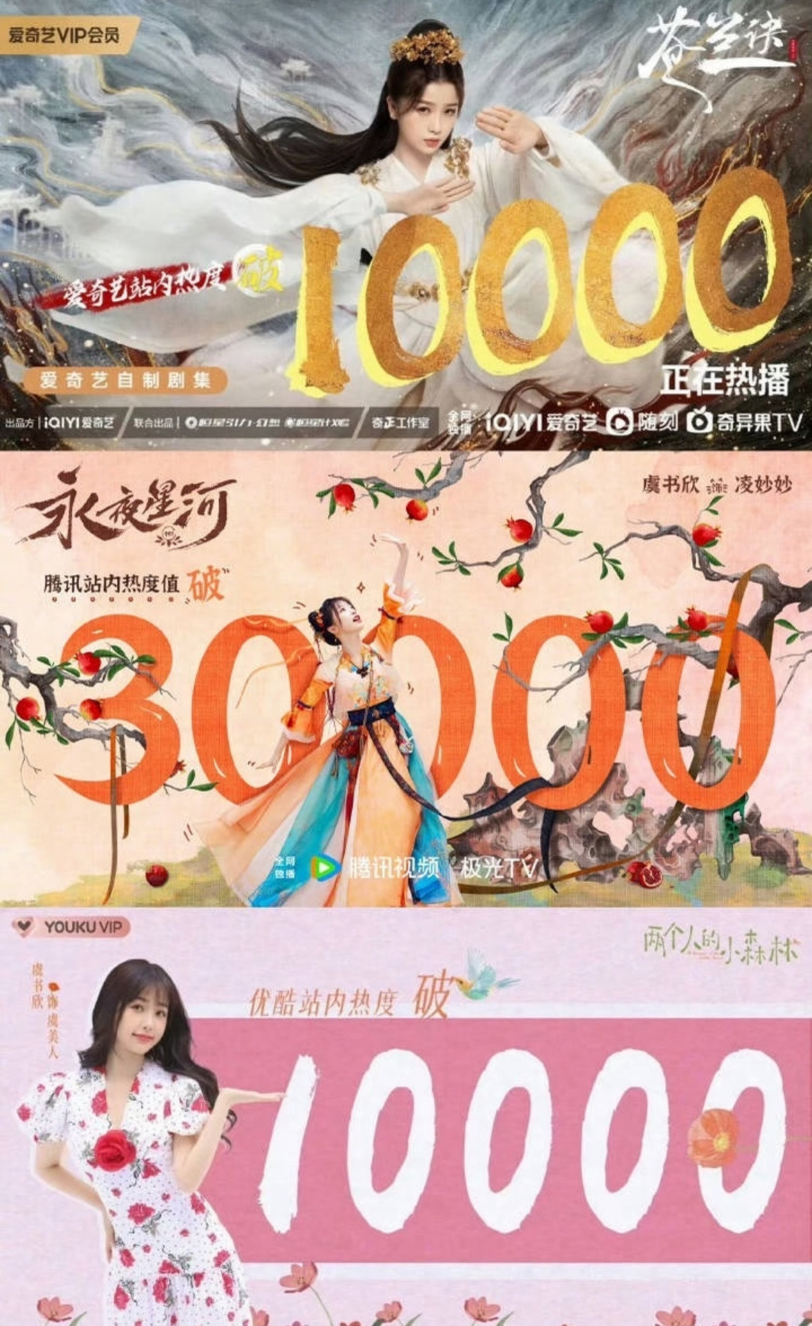 女演员三平台破万剧盘点目前三平台破万的女演员有且仅有这三位85花赵丽颖《与凤行