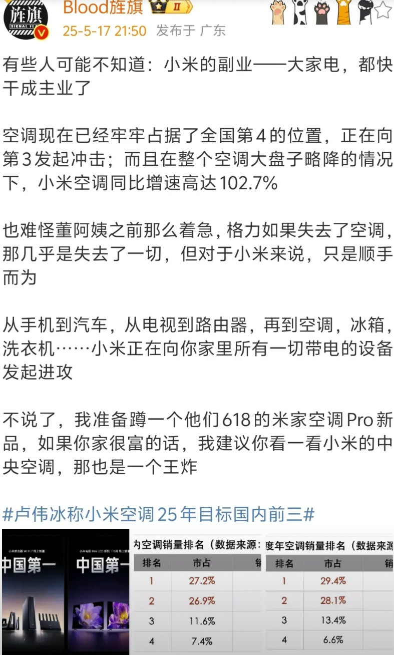 有些人可能不知道：小米的副业——大家电，都快干成主业了空调现在已经牢牢占据了