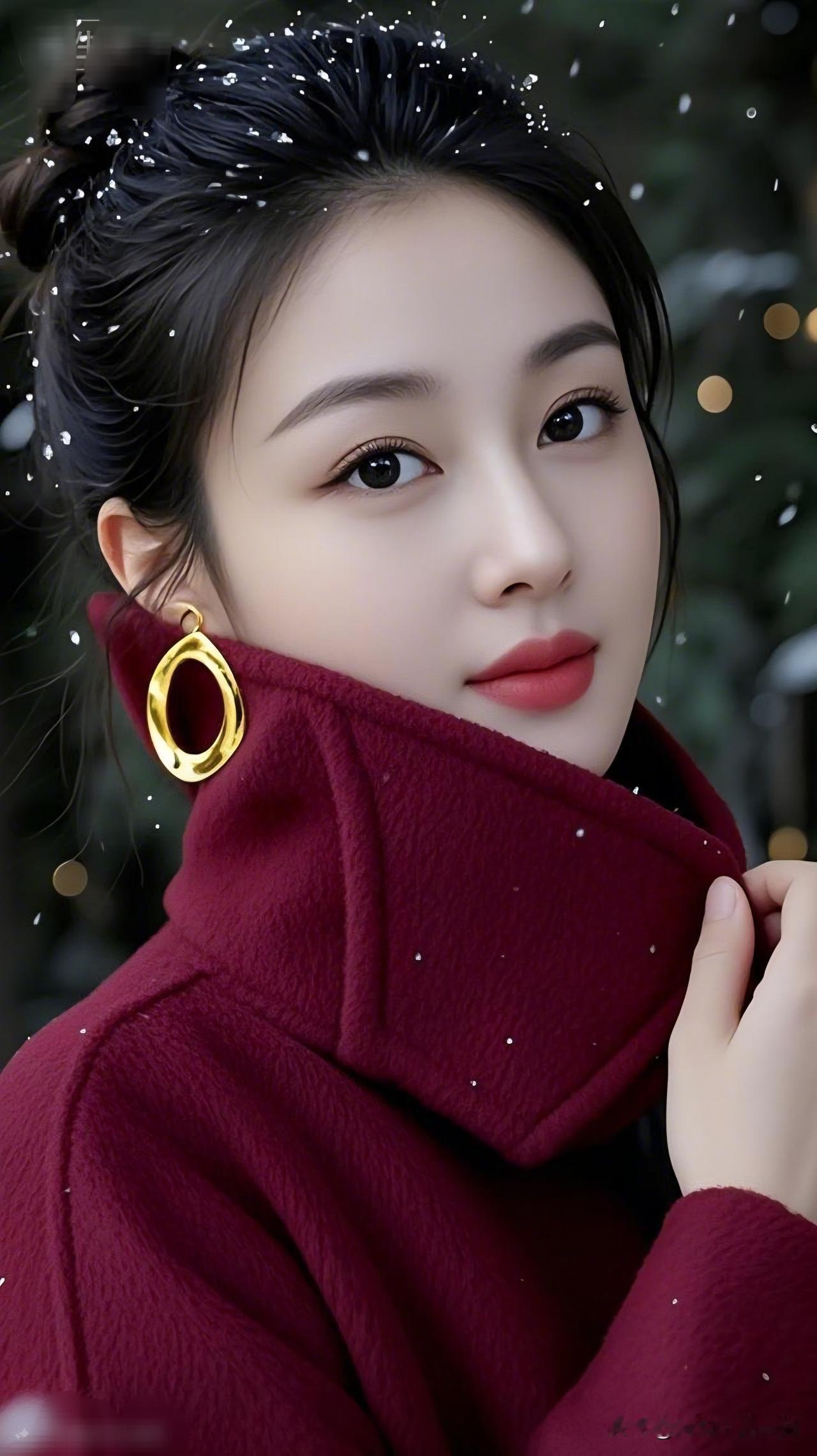 雪中红衣美人，金环映玉颜。什么样的美人算是东方美人冬日暖阳下，红衣少女与金环耳