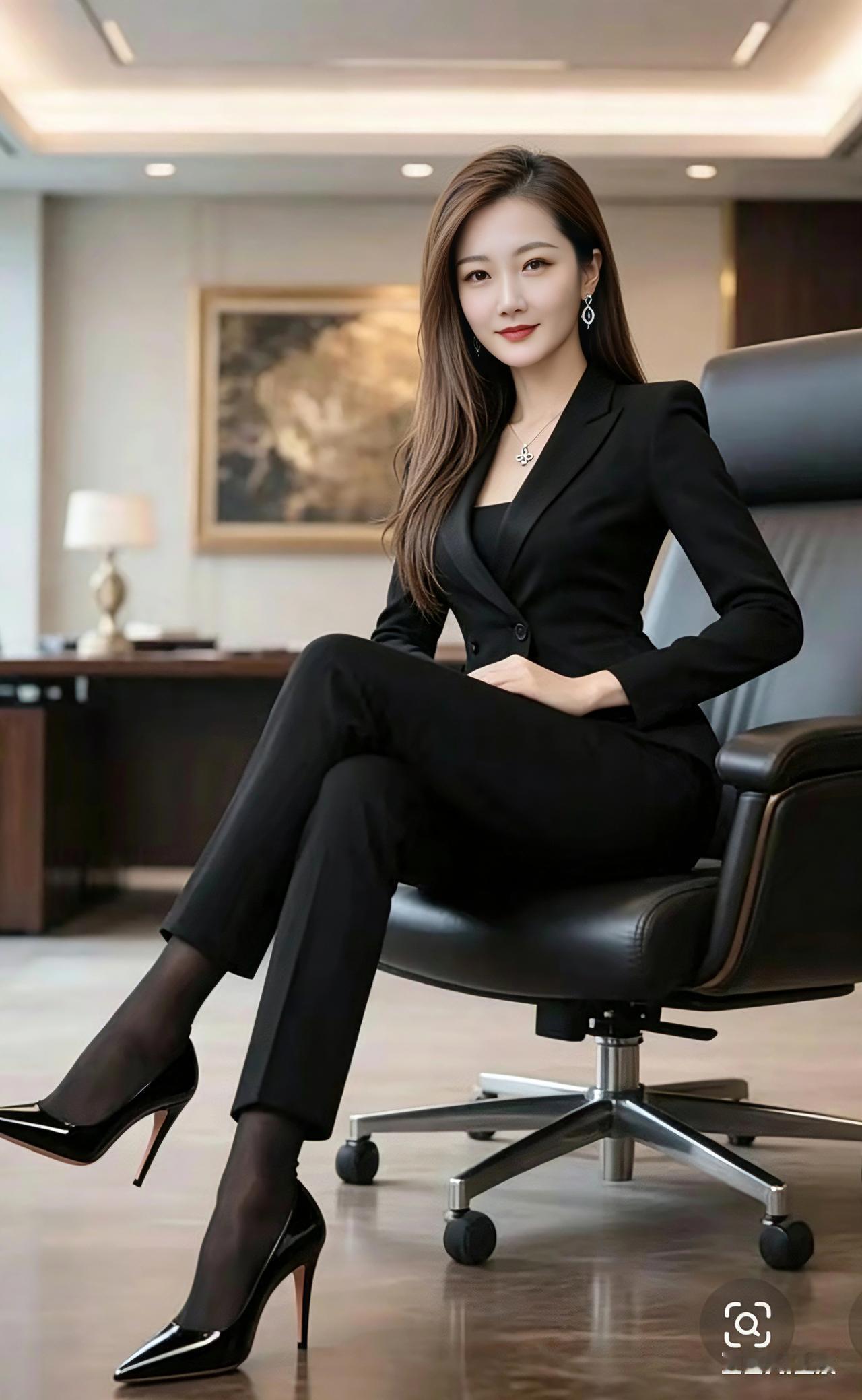 打油诗一身黑西装端方，长发披肩气韵扬。稳坐办公室堂间，从容自信眼光明。