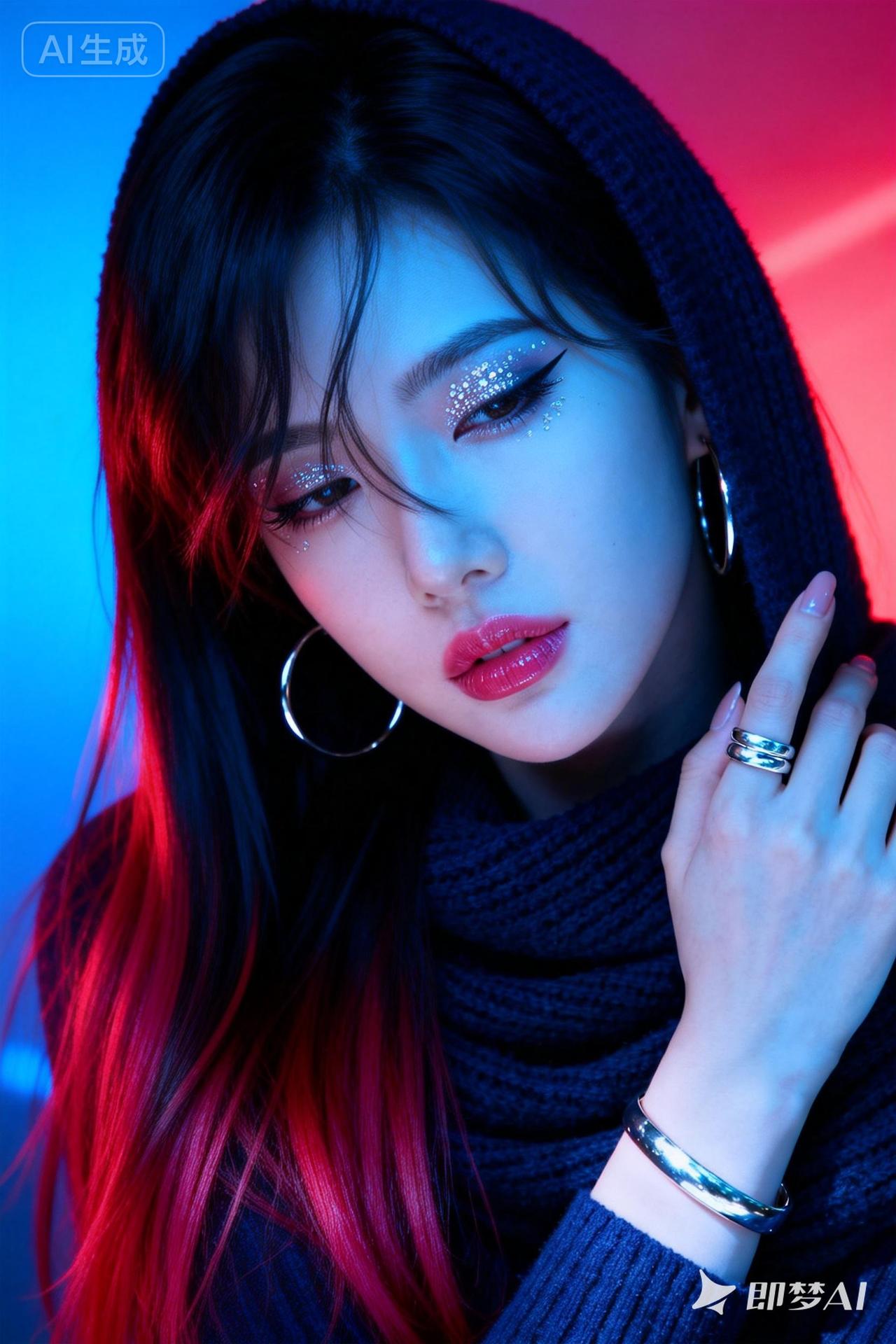 东亚女性，黑红渐变长发柔顺有光泽，发尾晕染玫红调，碎发轻贴脸颊增添慵懒感，发丝纹