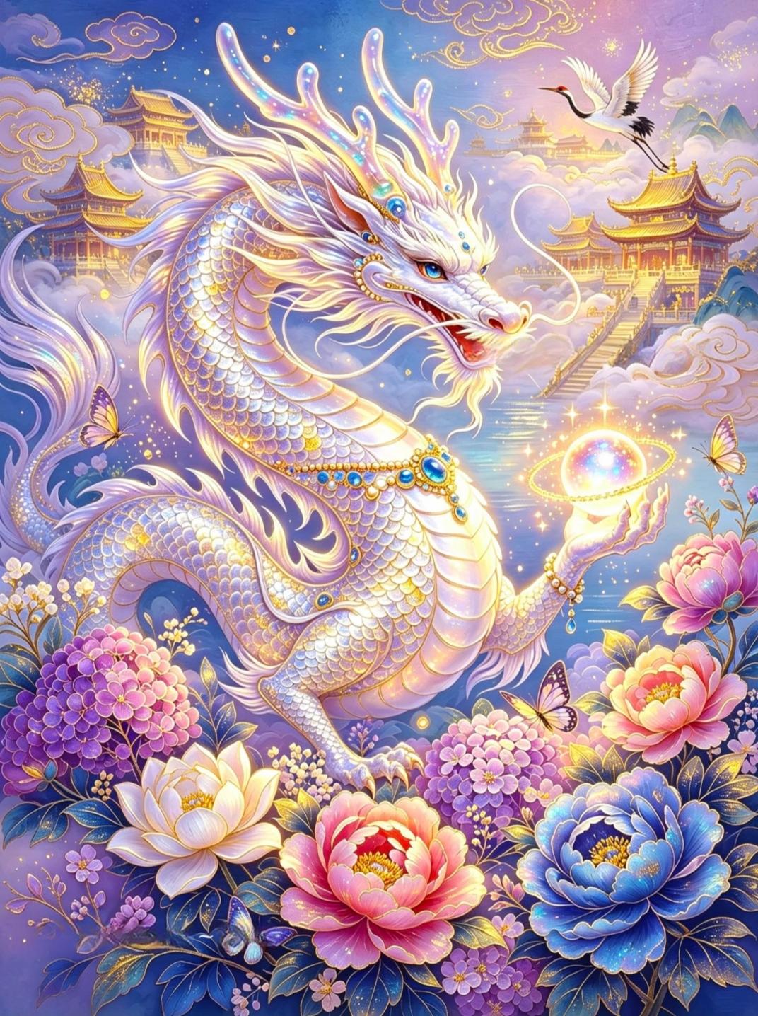 ​紫气东来，千祥汇聚；荣华盛放，万福相生。白龙衔珠映繁花，祥云伴鹤绕仙庭，这抹