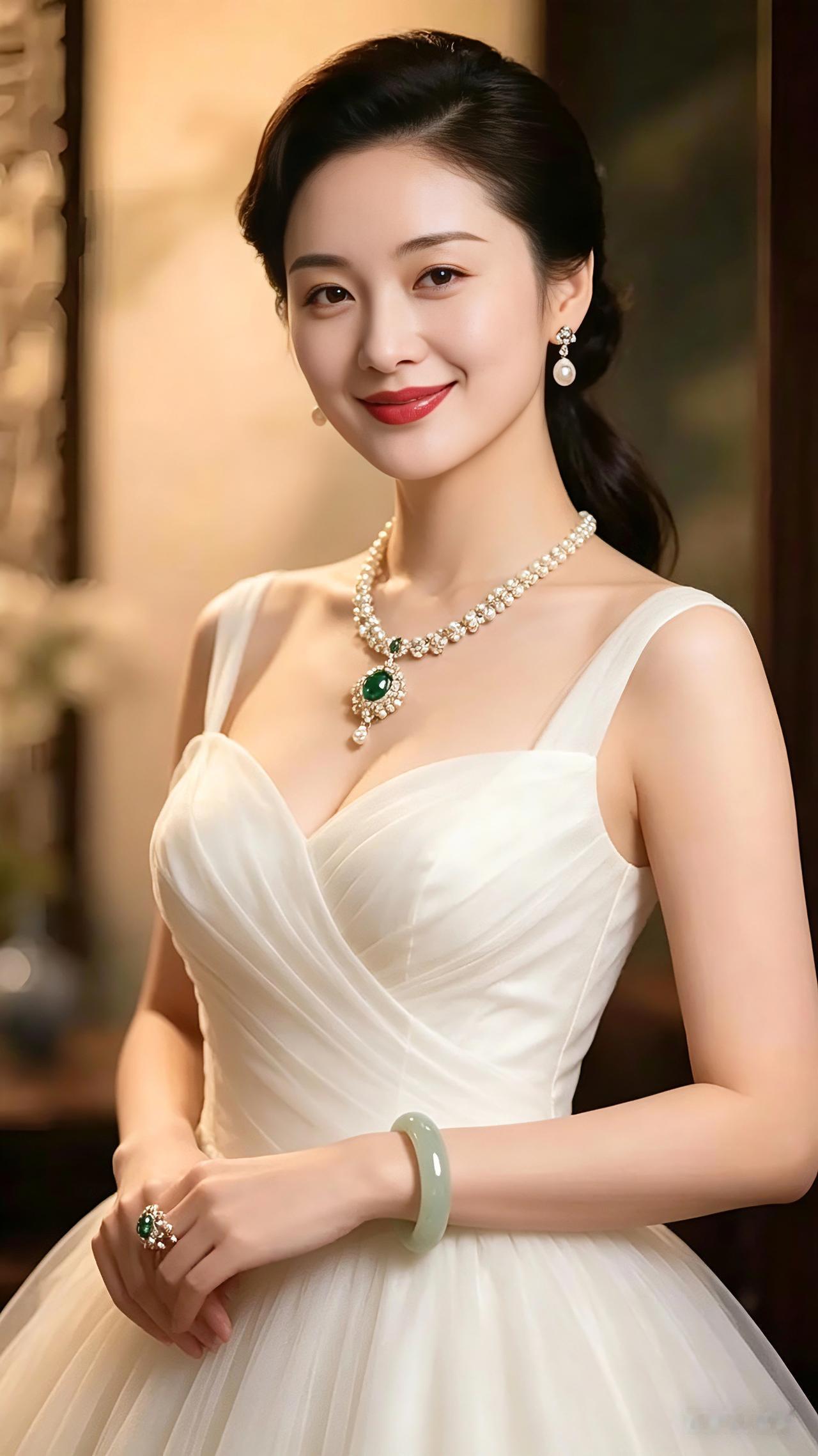 打油诗一袭白裙淡雅妆，珠翠项链衬容光。玉镯温润腕间藏，明眸含笑韵悠长。
