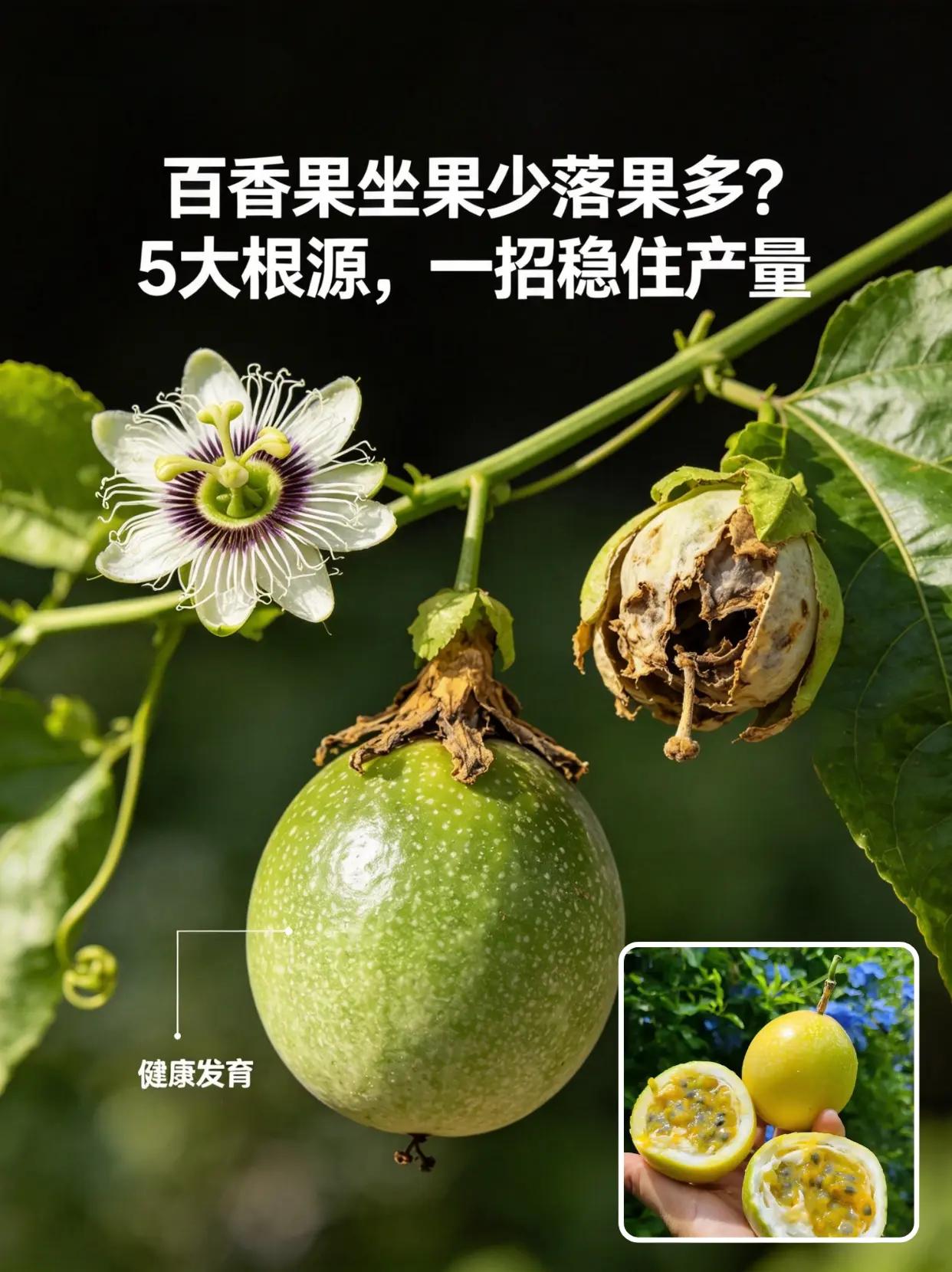 百香果坐果少落果多？5大根源一招稳住产量。百香果种植坐果少