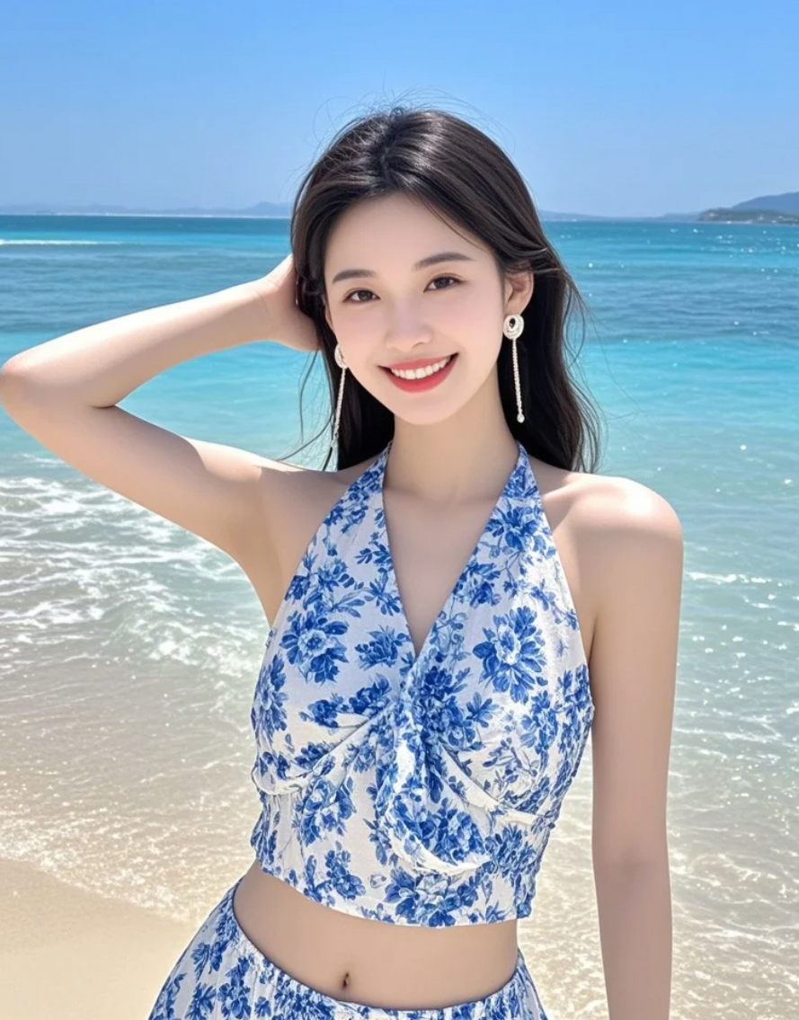 海面波光潋滟，折射出她内心的宁静湖