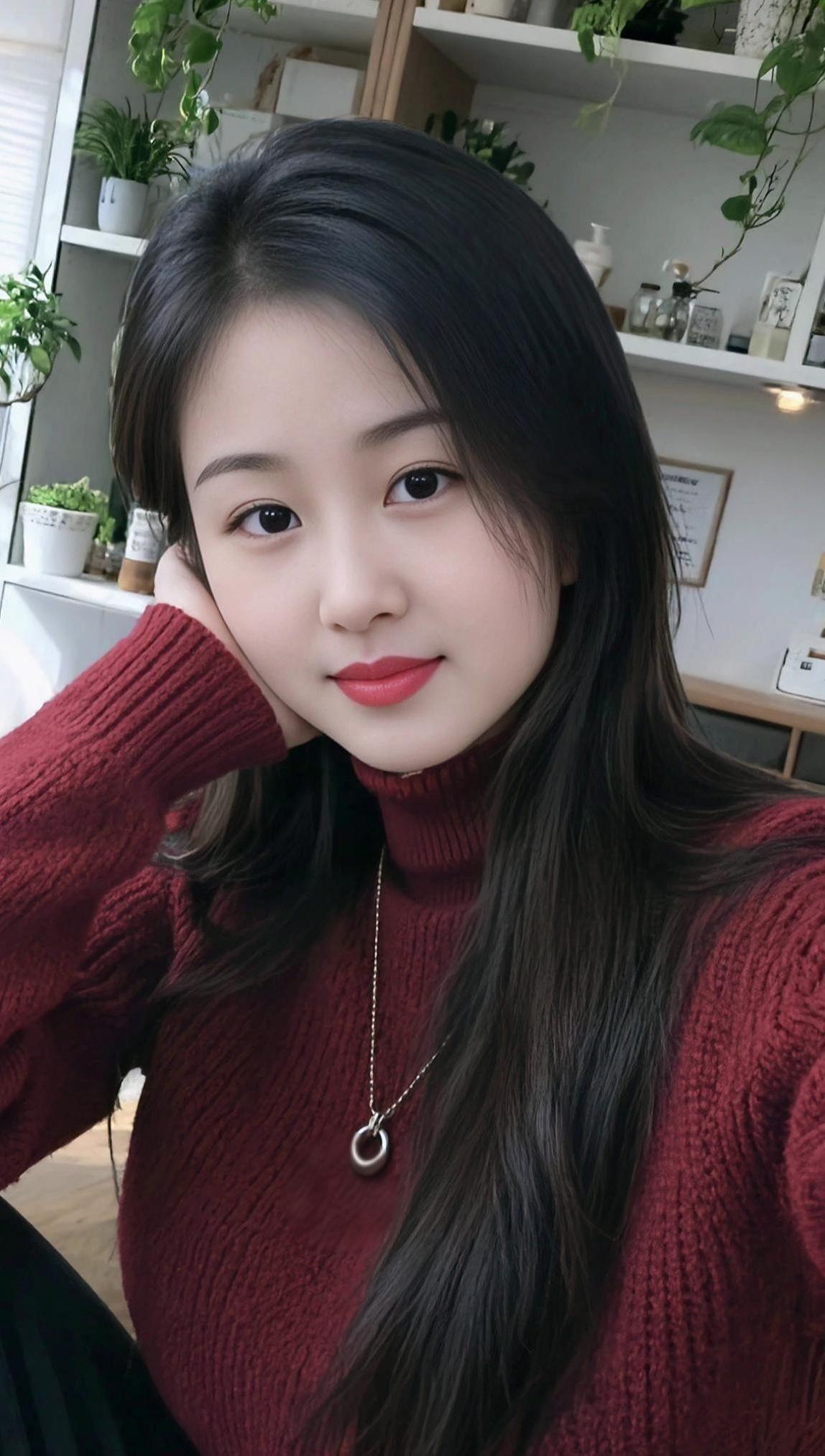 AI酒红毛衣自拍