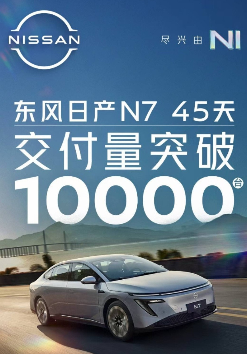 行业交付速度最快的合资纯电车型。东风日产N7上市45天交付量破1万台