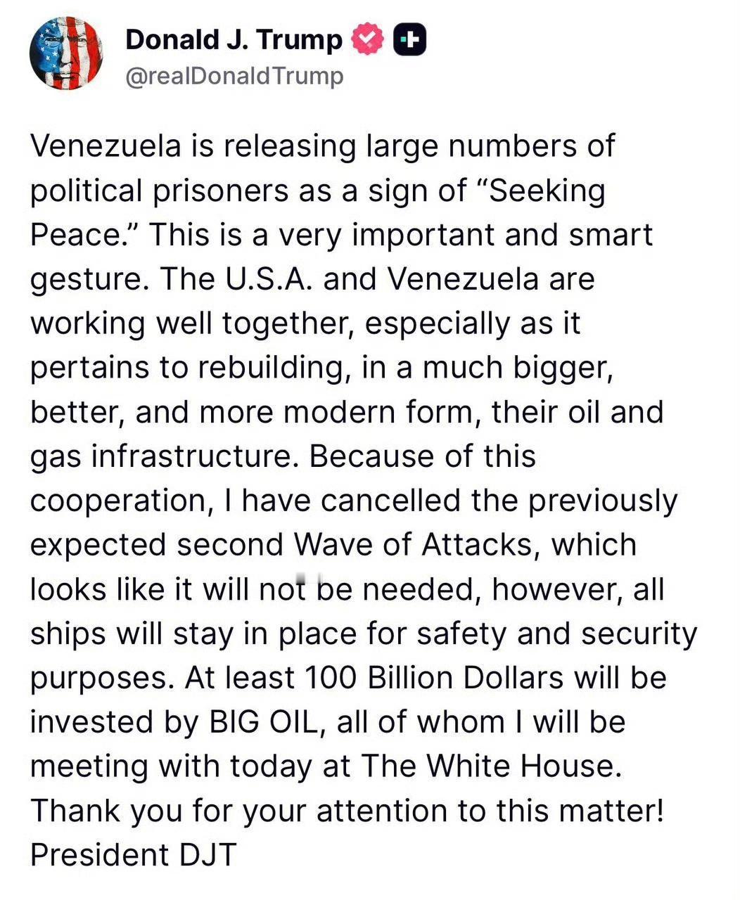 特朗普刚刚（1月9日）在“真实社交”平台发文，直接说：“我已经取消了原先预定的对