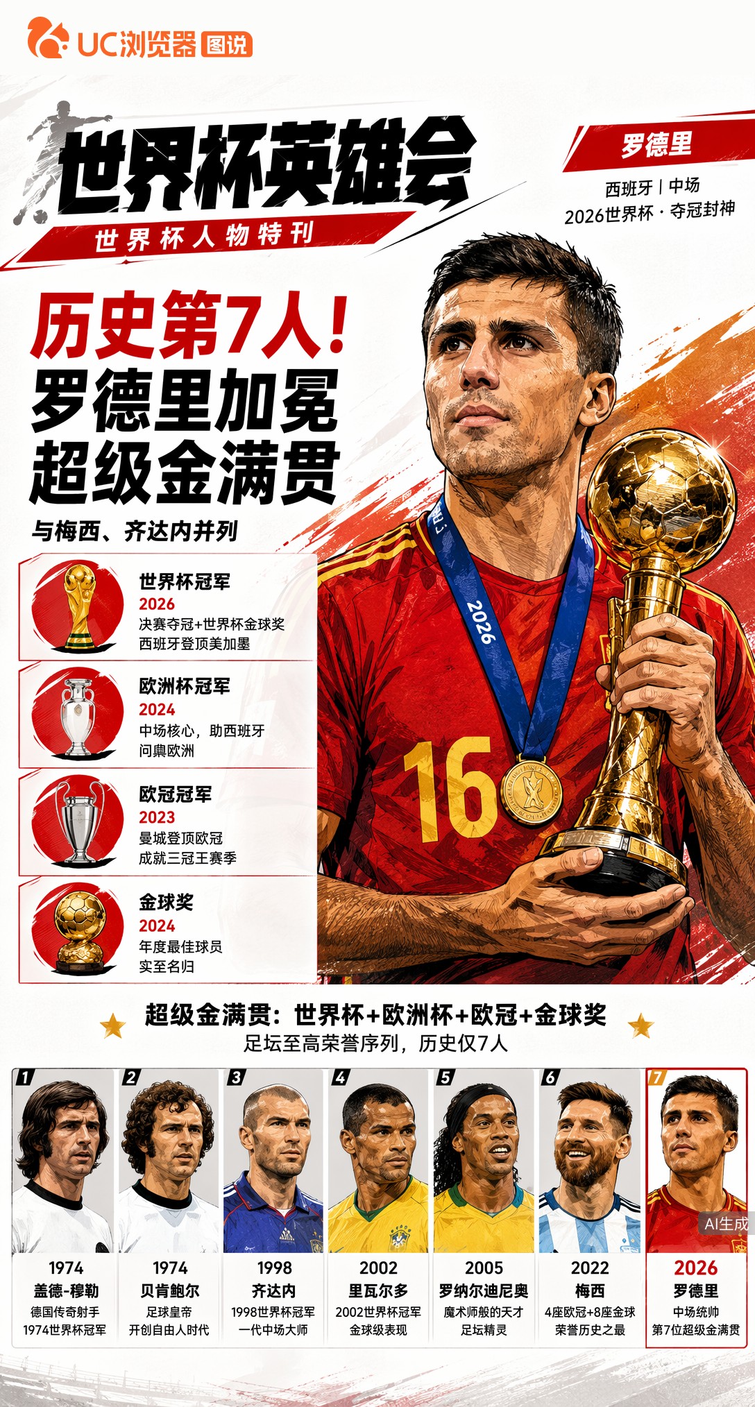 历史第7人！罗德里2026世界杯加冕超级金满贯，与梅西齐达内并列