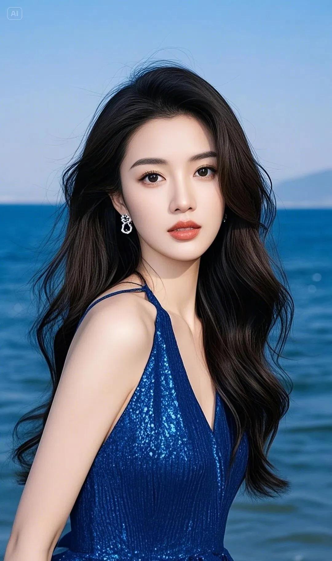 海边漫步，闪耀蓝裙，海风吹拂，优雅动人