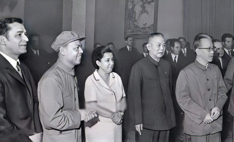 右一康生，右二李先念，右四姚文元，他们和外宾在一起。