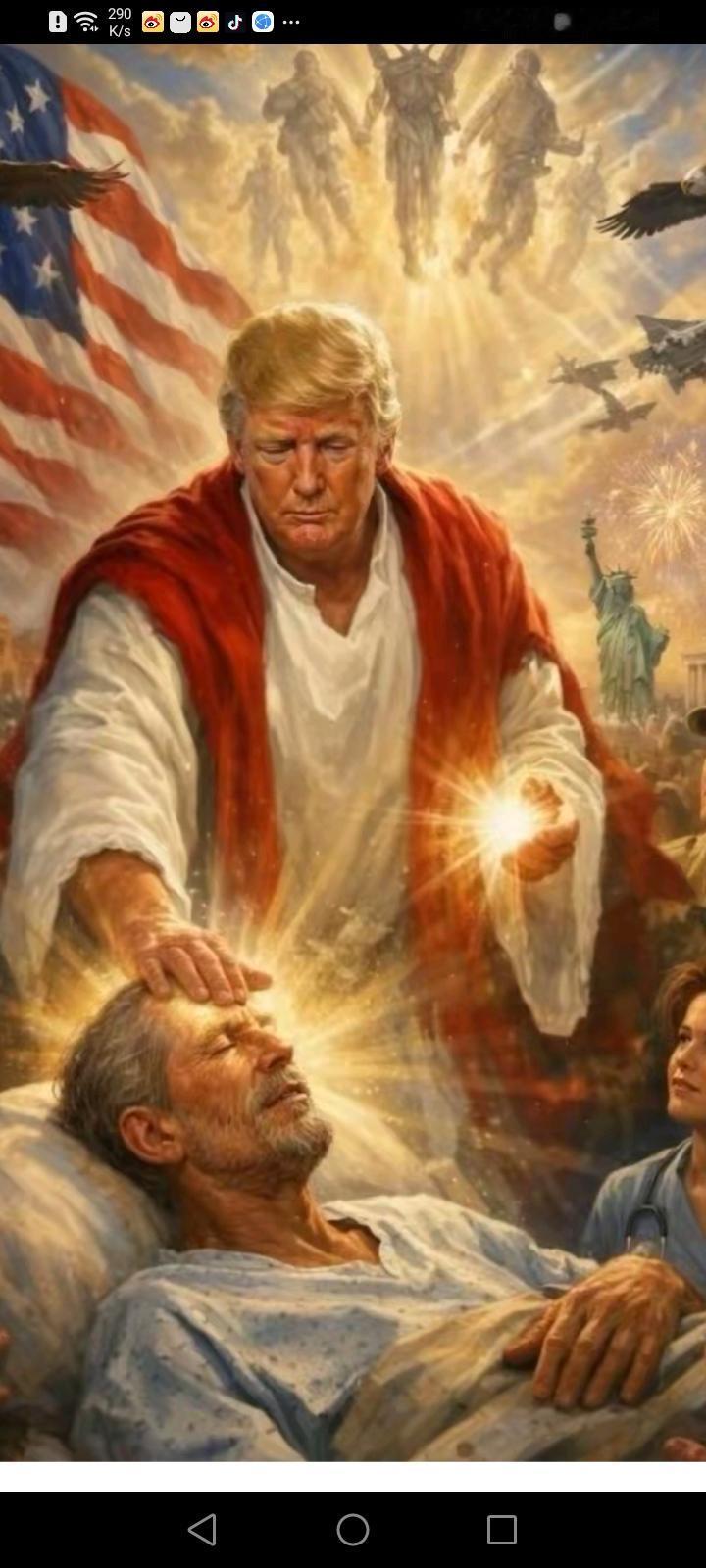 发完这张图没多久就删掉，然后被记者问起来，特朗普回答那不是耶稣，是为红十字会工作