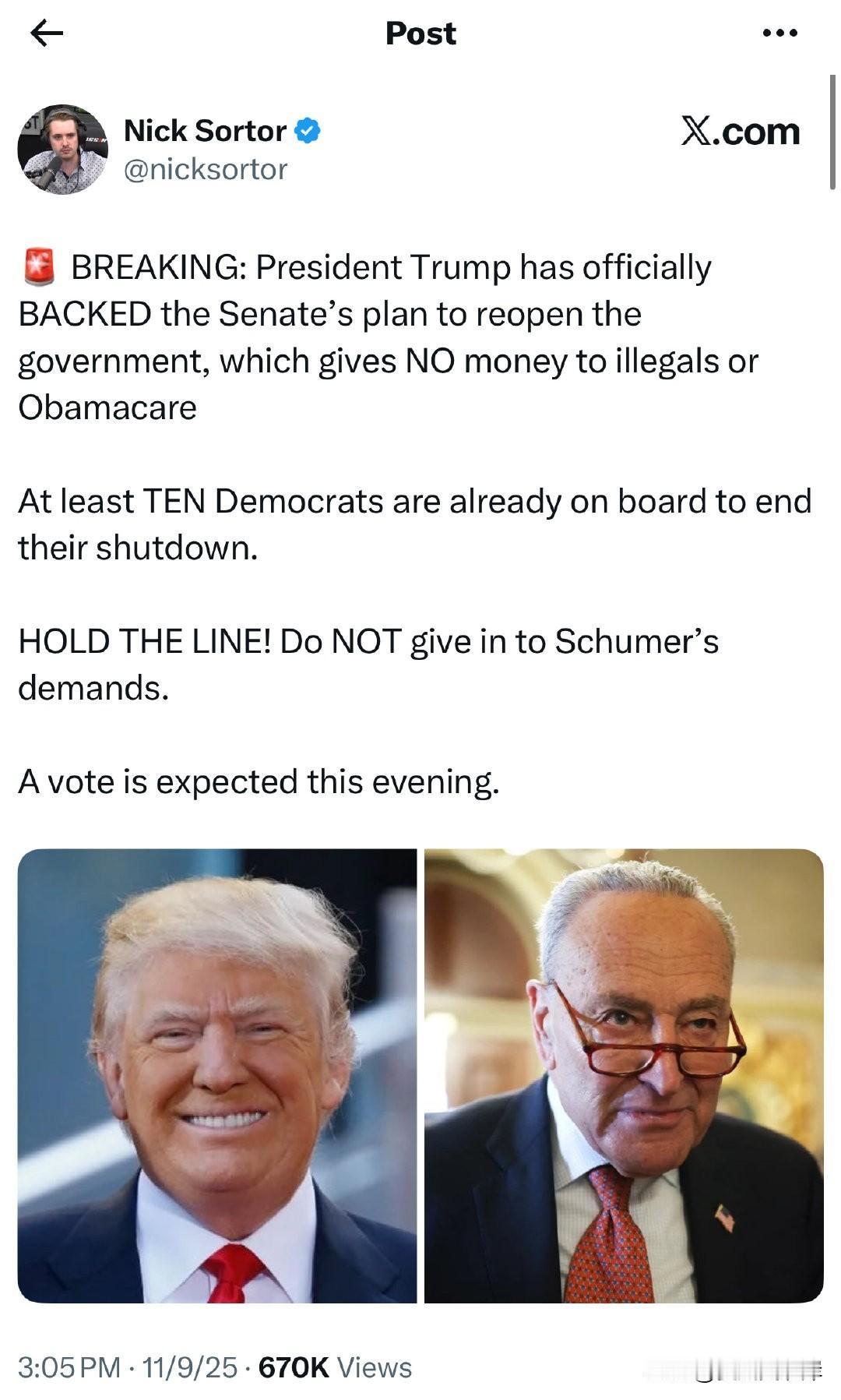 突发消息：川普总统已正式支持参议院重新开放政府的计划，该计划不向非法移民或奥巴马