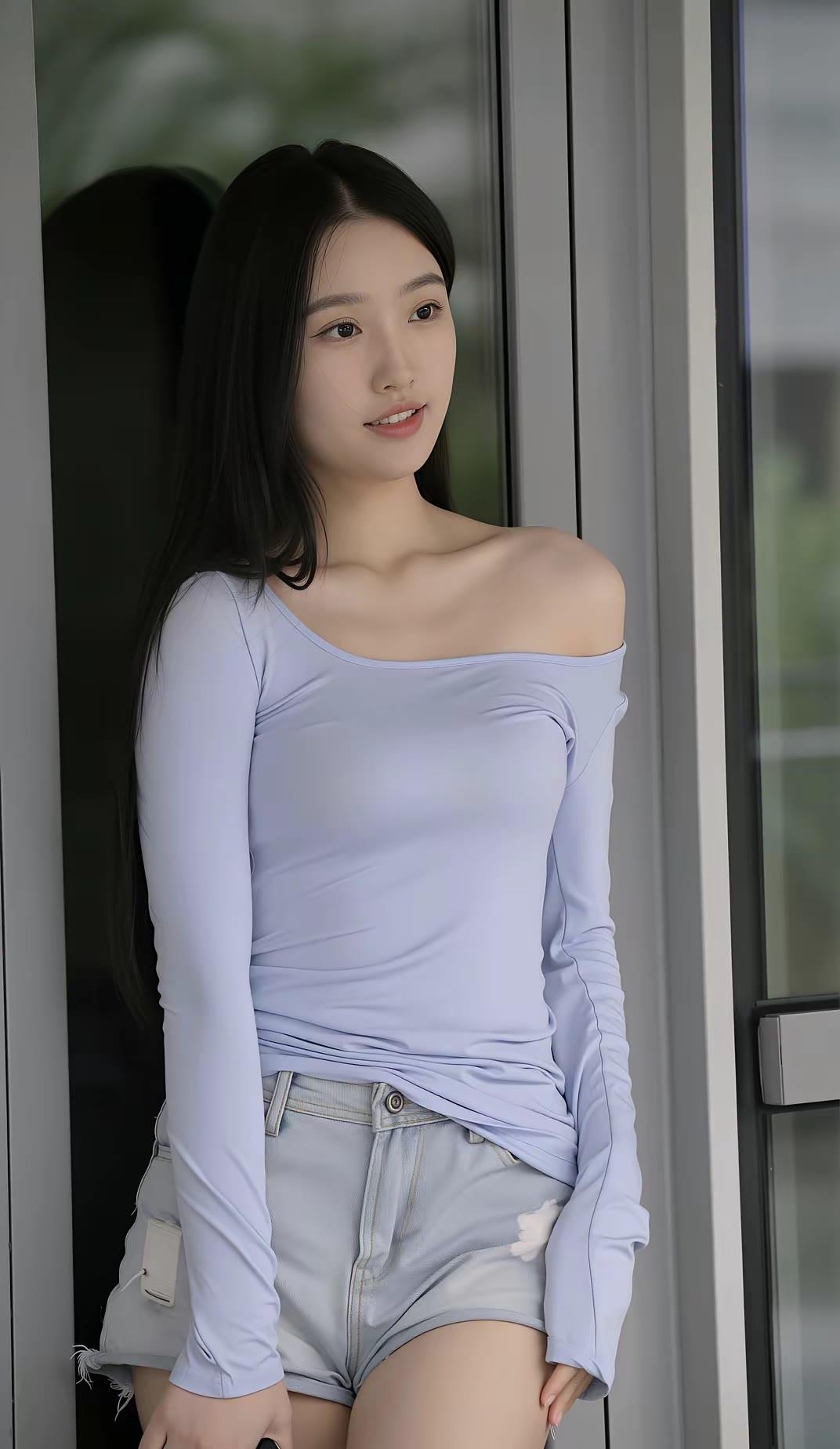 什么样的穿搭可以成为气质女神?清新少女风，浅蓝色上衣搭配牛仔短裤，简约自然，夏