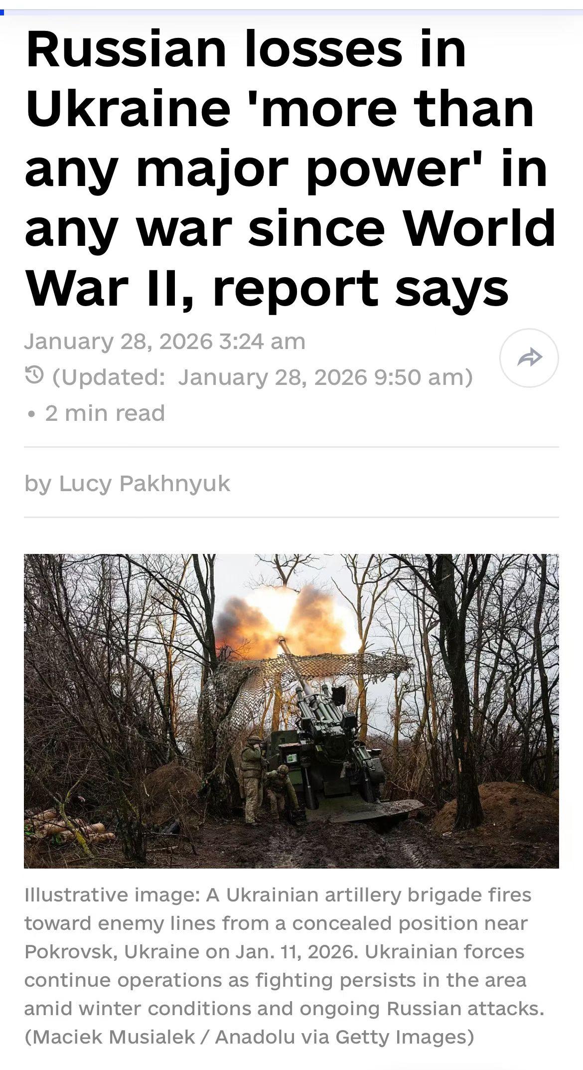 俄罗斯在乌克兰战争中的人员伤亡，超过二战以来任何战争。美国国际战略研究中心于1月