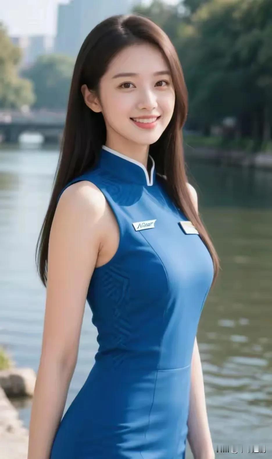 宝蓝立领旗袍裙衬着河畔绿荫，顺直长发揉出温婉又干练的国风氛围感💙