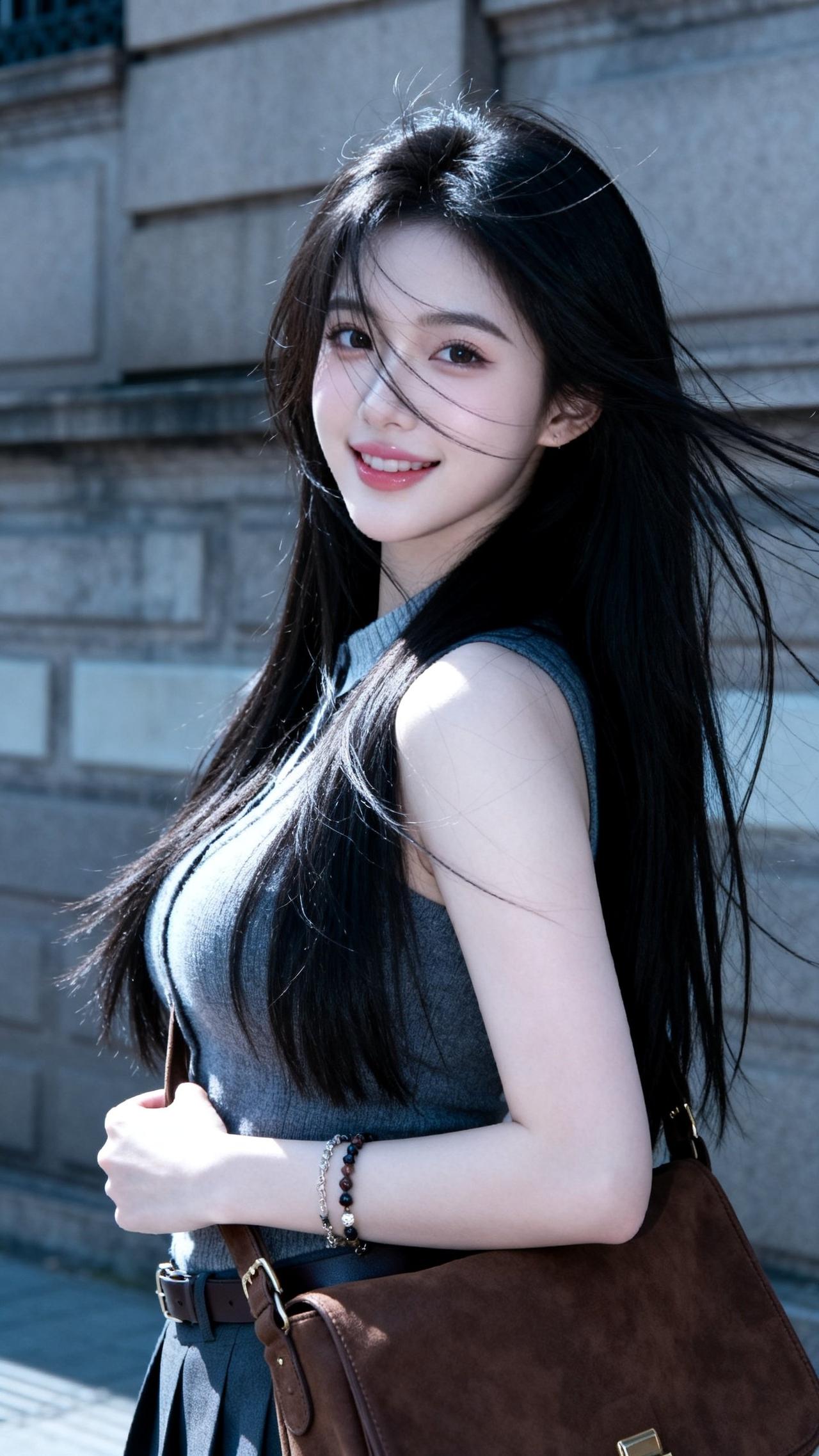 阳光下的甜美少女，黑发飘逸，笑容动人