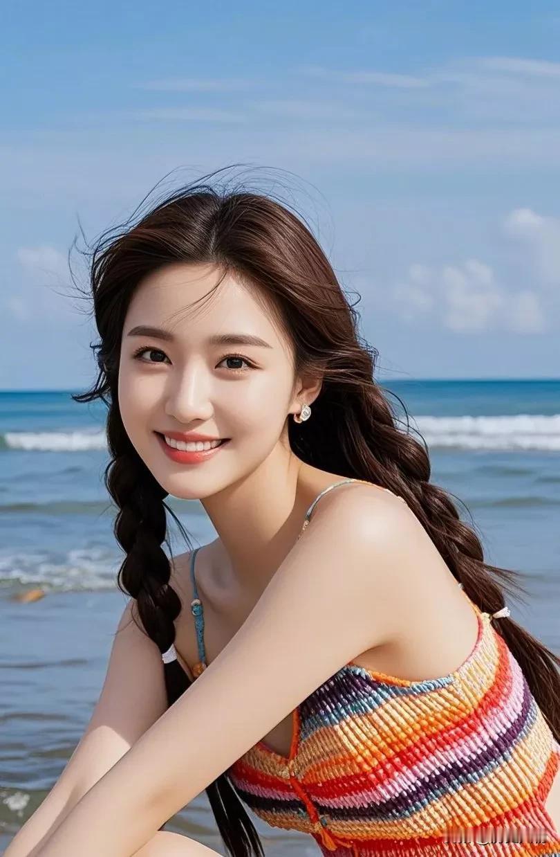 海边少女，美丽的麻花辫，笑靥如花，阳光沙滩，美不胜收！