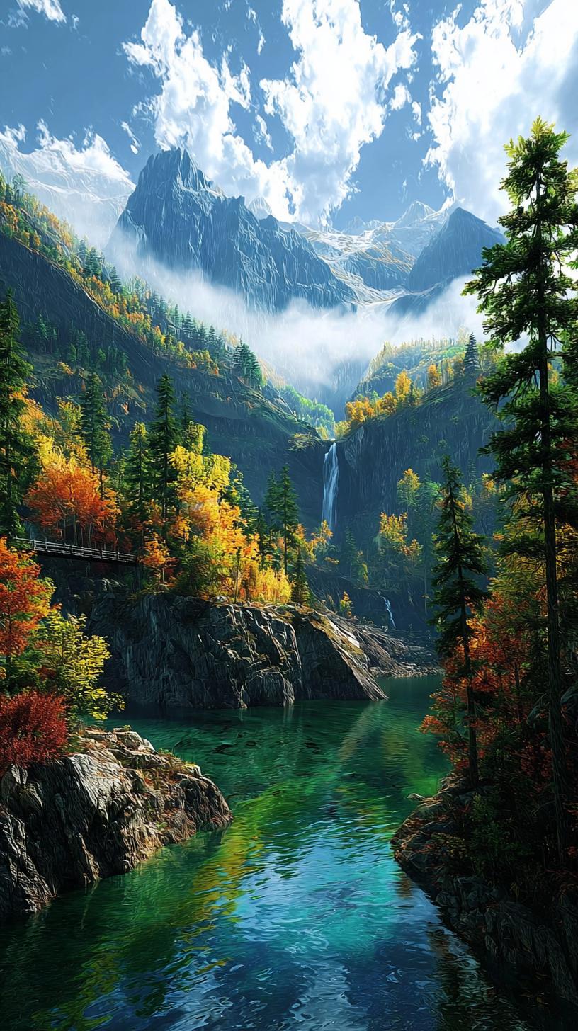 秋山如画，碧水含情。云雾缭绕，松柏青青。秋色斑斓，枫叶如火。山川静谧，心旷神怡。