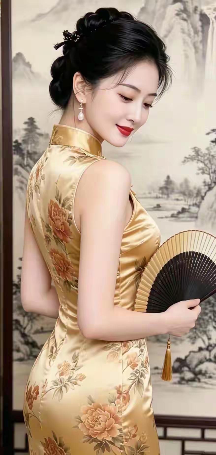 这位女士穿着旗袍，拿着扇子，优雅迷人。