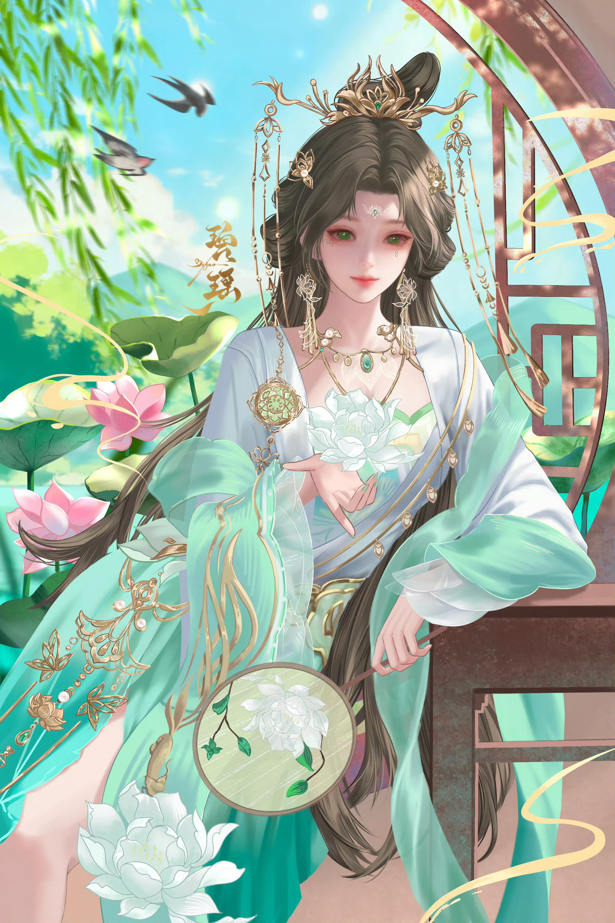 碧瑶芒种新贺图太绝美了🍃时逢芒种，翠柳垂烟，芙蕖初绽。碧瑶倚窗握扇，素荷凝香，