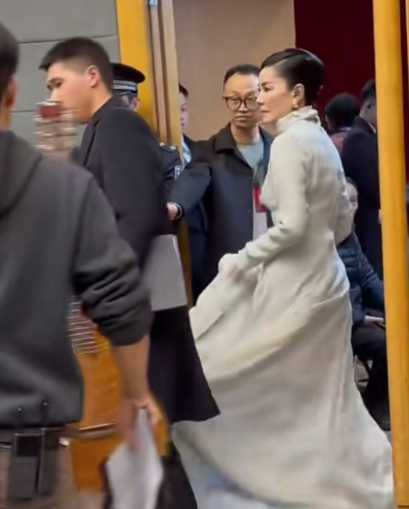 王菲下班时还没来得及卸妆斜分发型，穿着裙摆很大的裙子，总体造型超级女王，又仙气