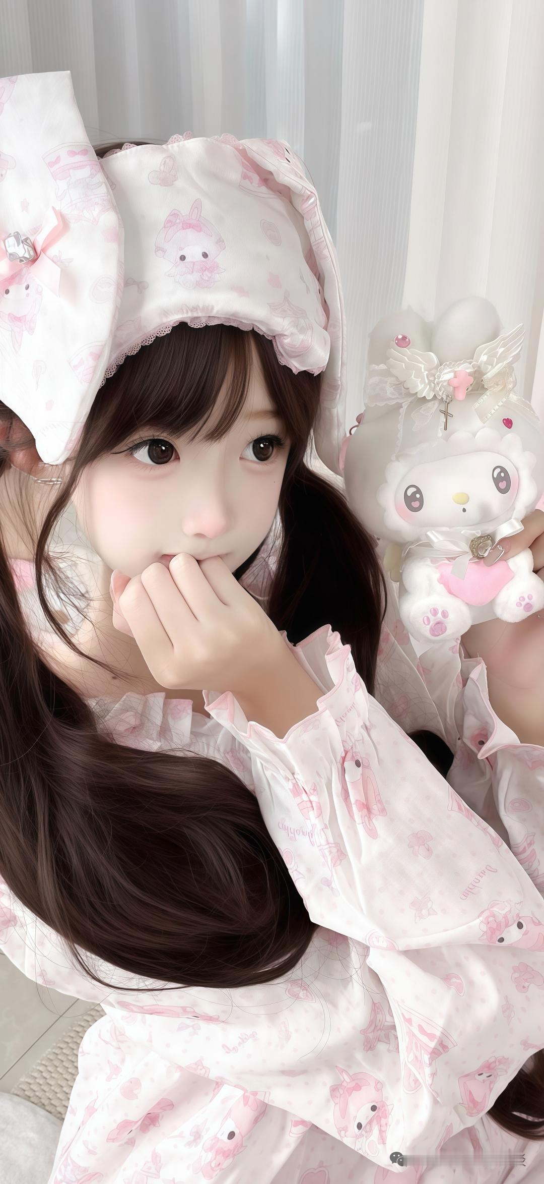 粉衣少女抱玩偶，梦回童年时光。