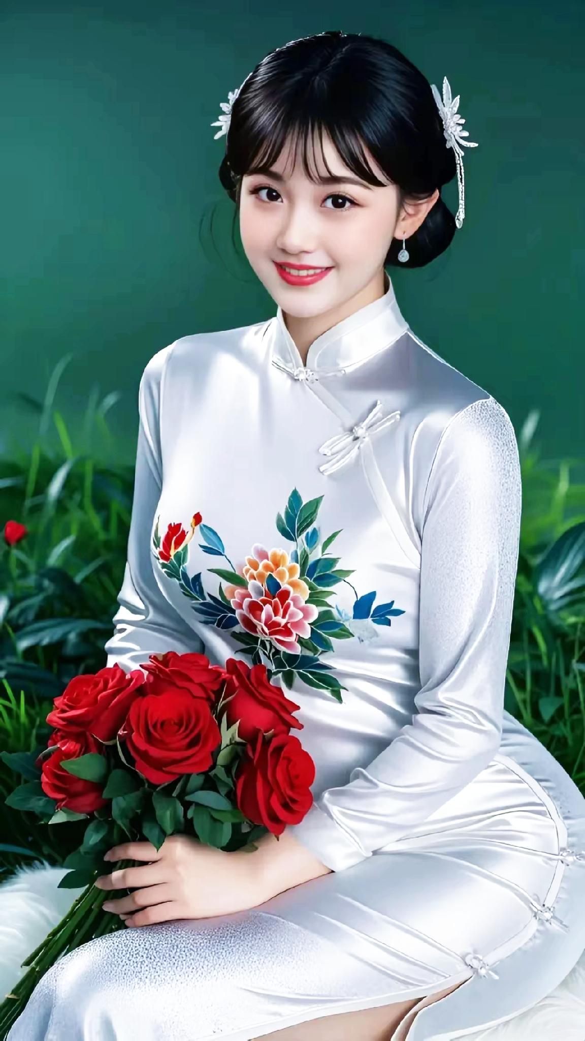 优雅旗袍少女，手捧红玫瑰，古典与现代的完美结合