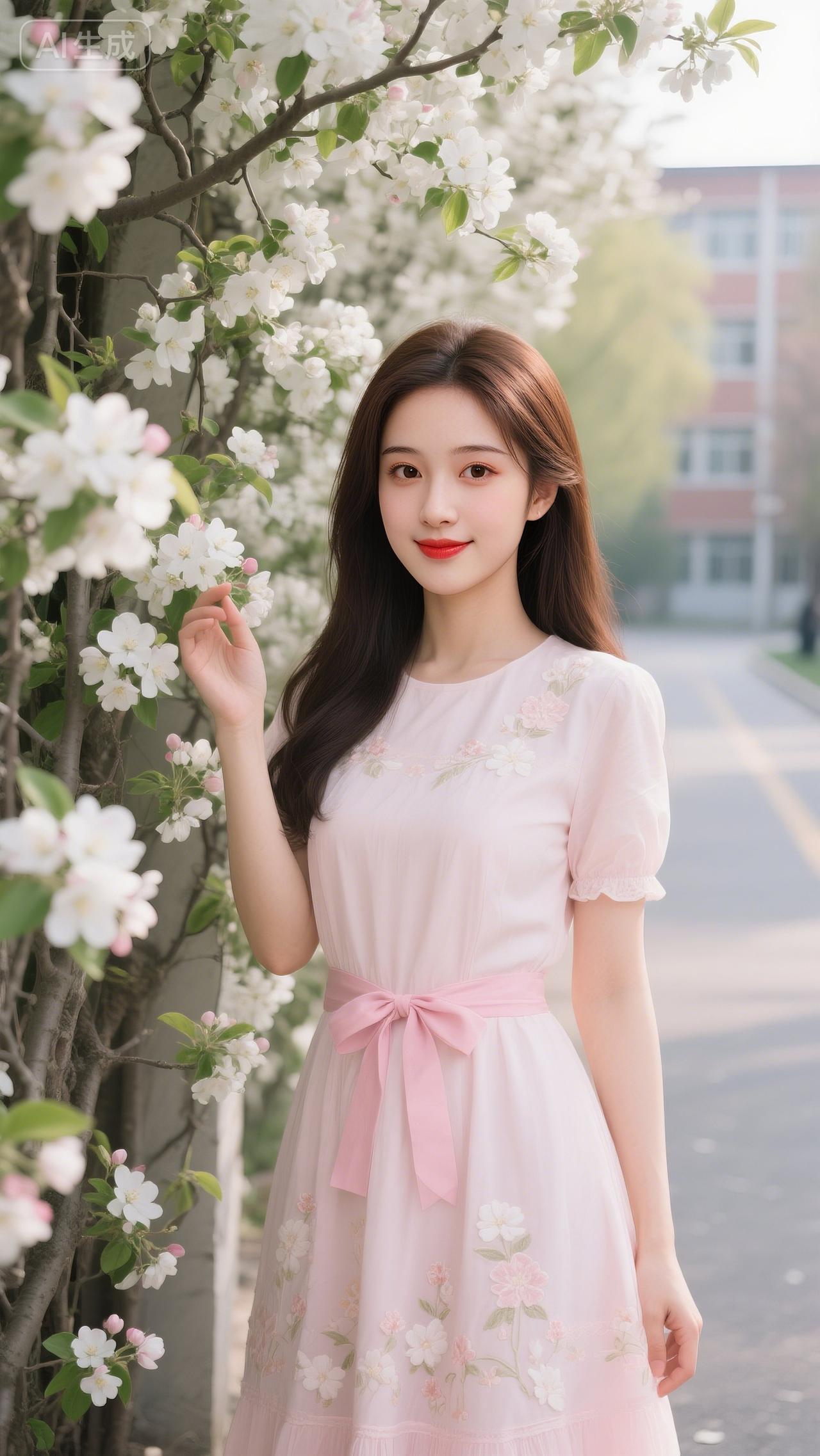 花树下的柔粉系春日少女粉纱裙裹着满裙花意，和枝头的白樱刚好撞成温柔配色~轻