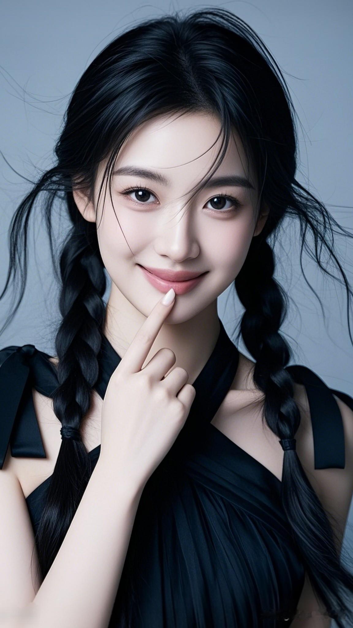 黑发如墨，笑靥如花。女人最耐看的长相是什么样的甜美黑发少女，轻抚下巴，温柔微笑