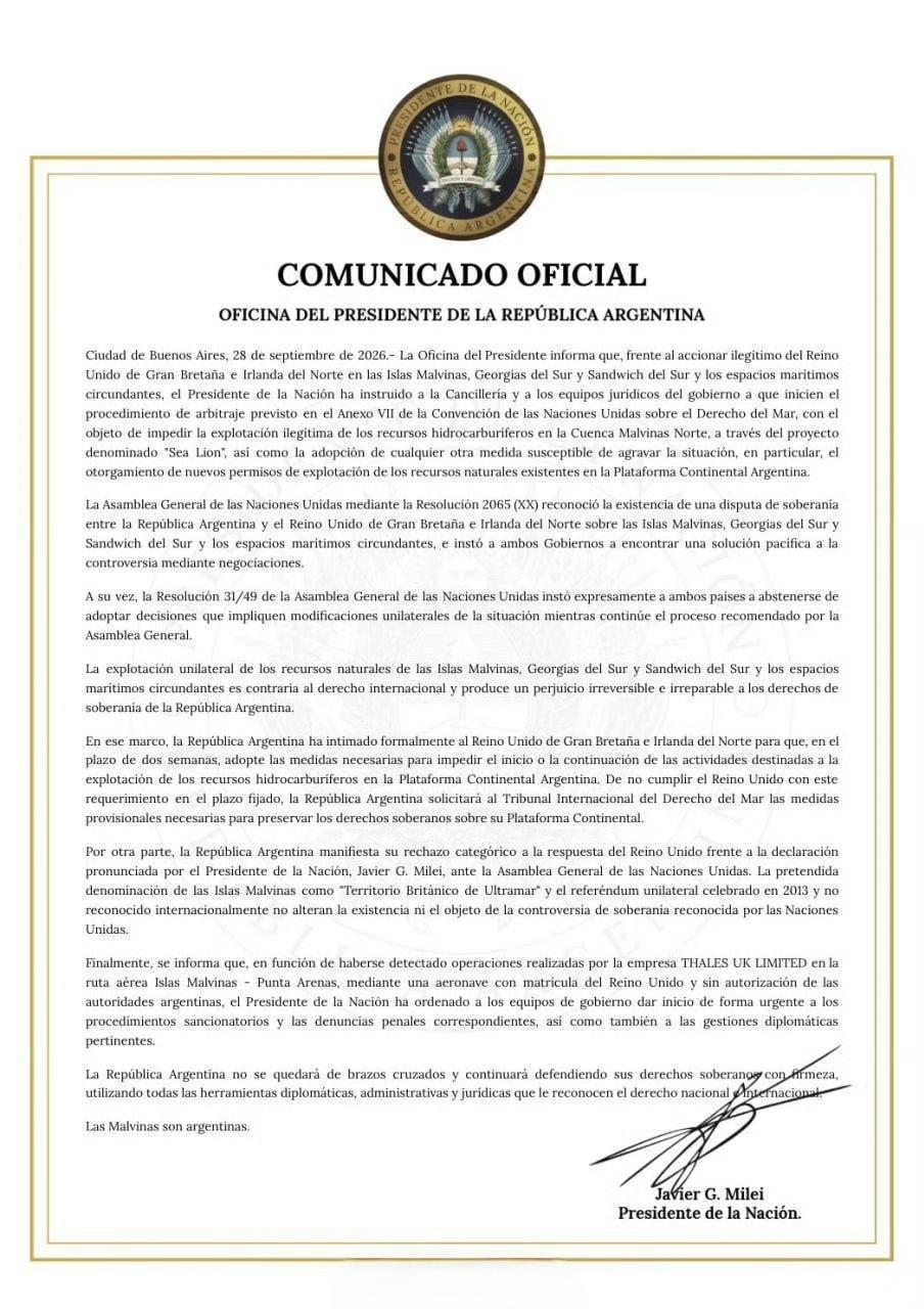 阿根廷总统米莱向英国发出最后通牒，要求英国在两周内停止马尔维纳斯群岛（英国称福克