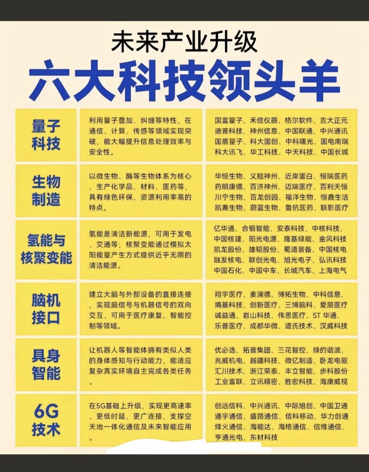 产业升级：六大科技领头羊！1.量子科技2.生物制造3.氢能与核能4.脑