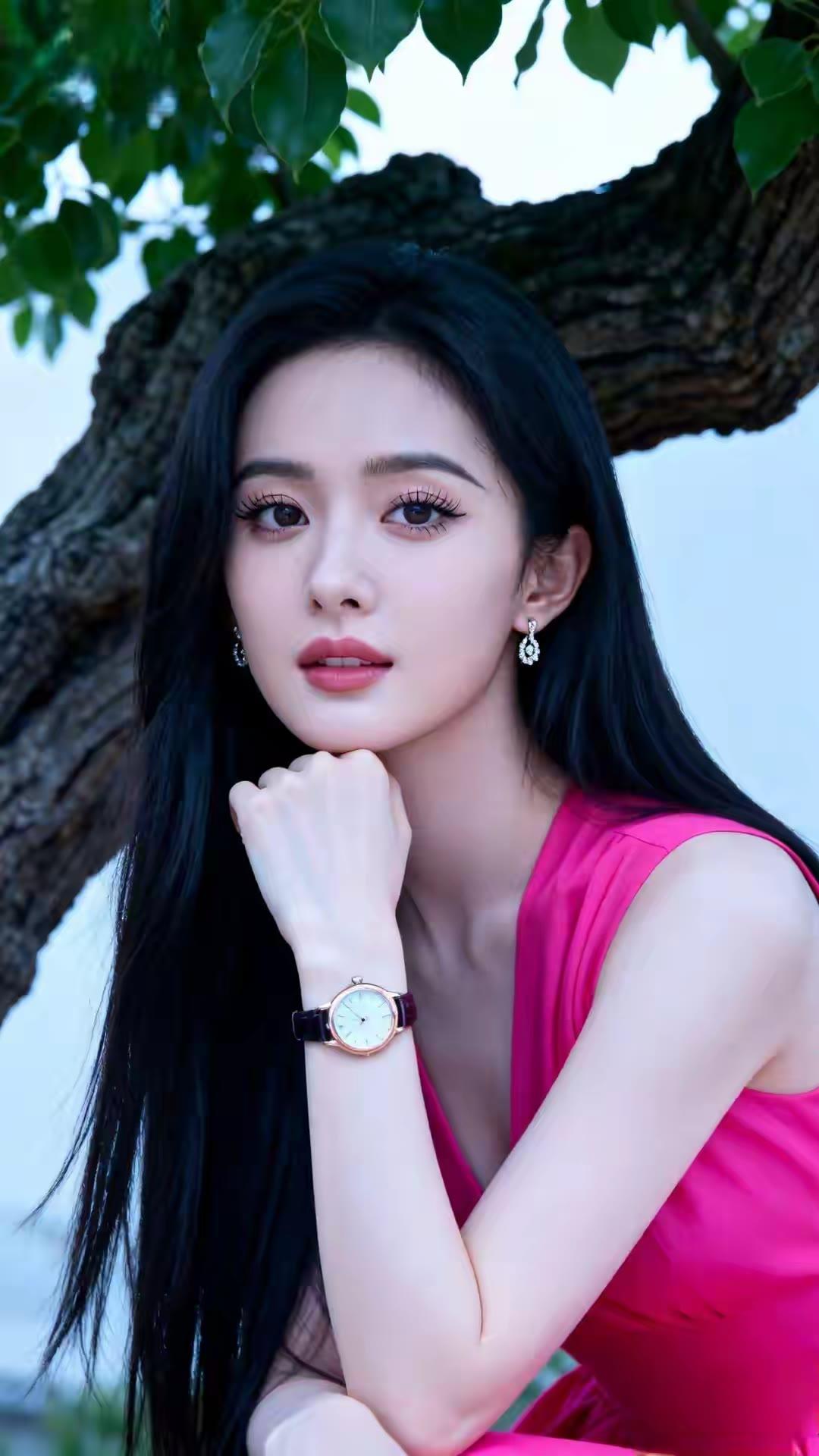 优雅黑发少女，粉色裙摆，树影婆娑，时光静好。