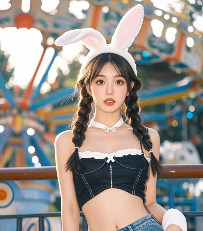 美女走进游乐场，优雅灵动气质尽显