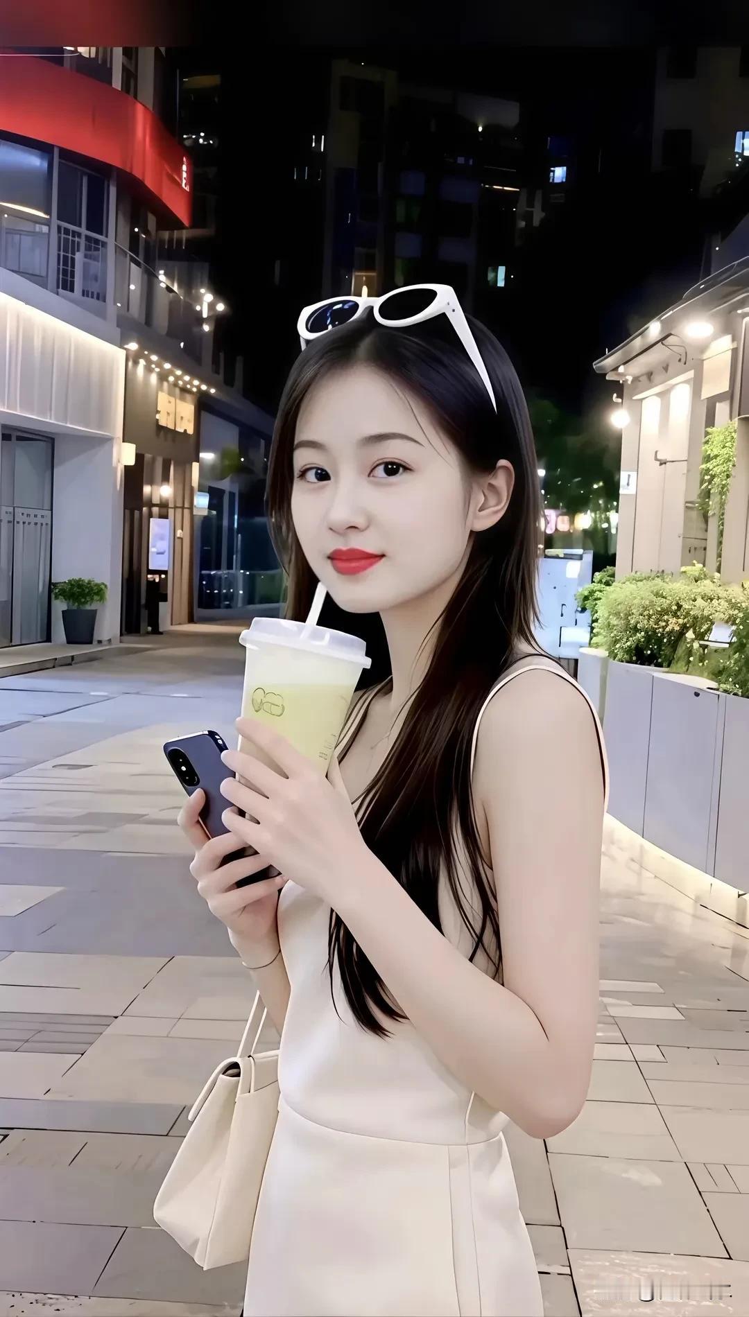 青春靓女的美好生活女子静立于街边，一身简约干净的白短袖，利落大方。颈间系着雅